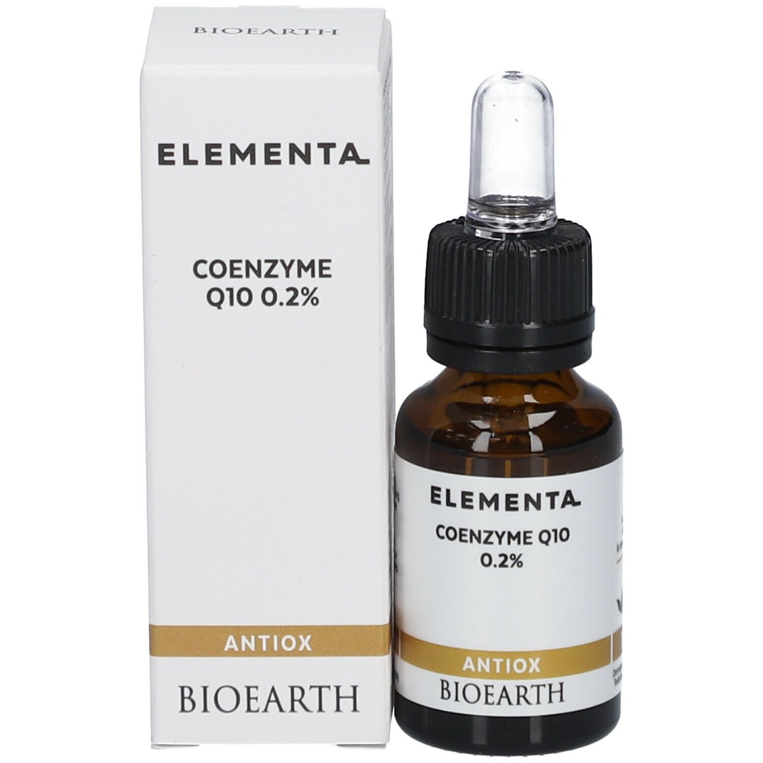 Productfles en doos. Fles met "Elementa Coenzyme Q10 0.2%". Doos met dezelfde tekst.