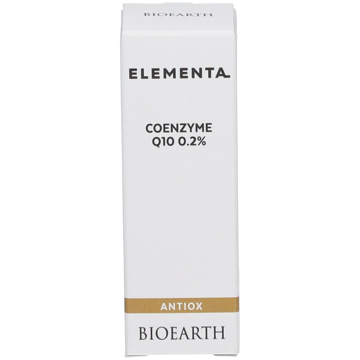 Witte doos met "Elementa Coenzyme Q10 0.2%" en "BIOEARTH" logo.