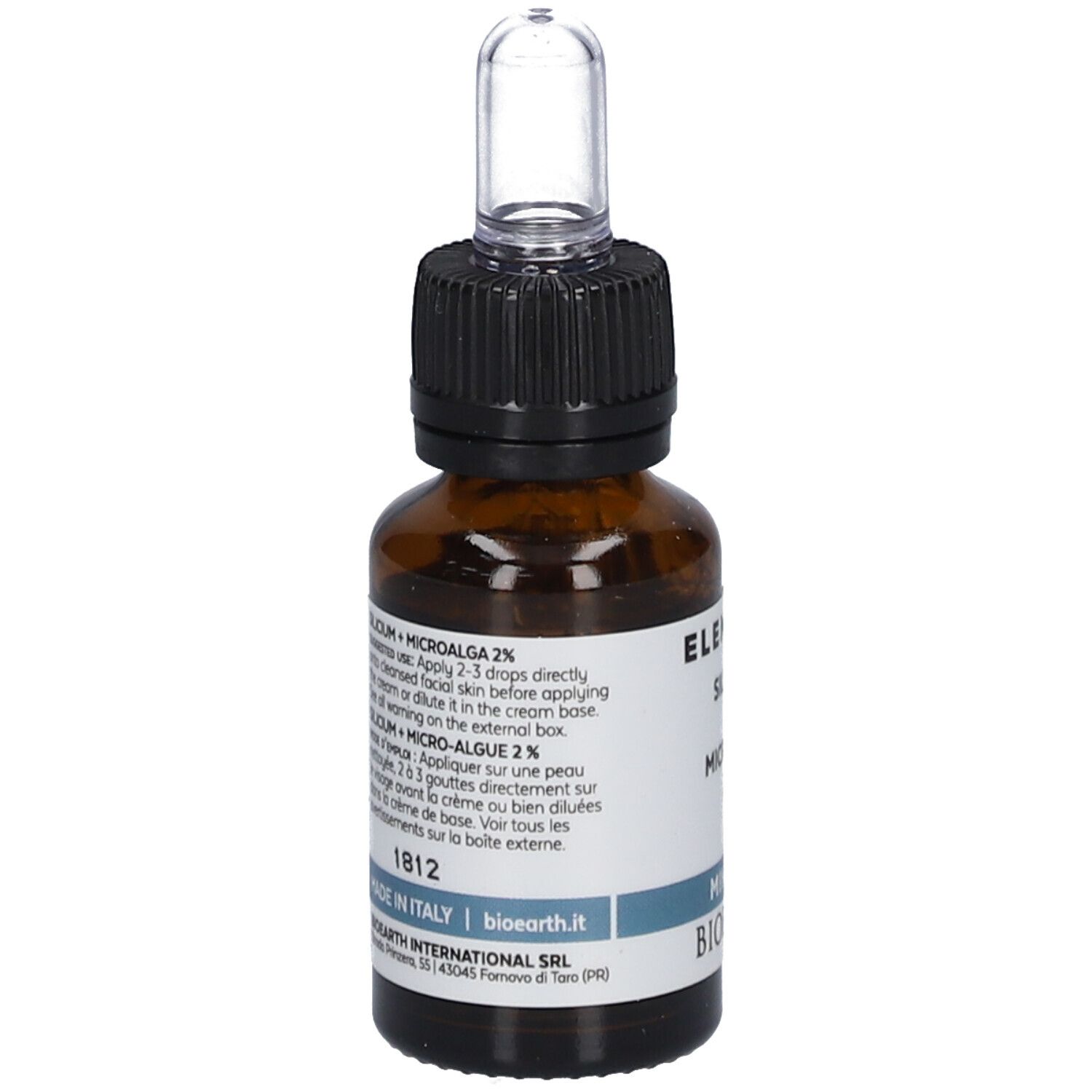 Bruine glazen fles met pipet. Opschrift: Elementa Silicium + Microalga 2%. Italiaanse tekst.