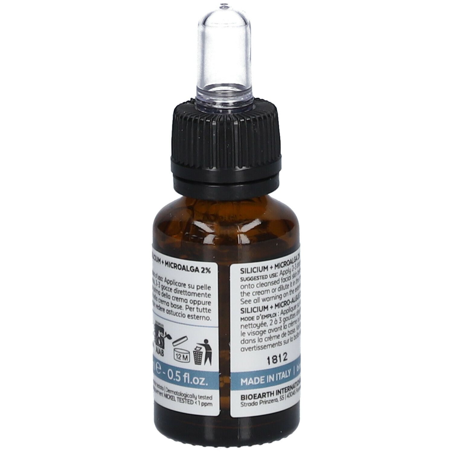 Bruine glazen fles met pipet. Opschrift: Elementa Silicium + Microalga 2%. Italiaanse tekst.