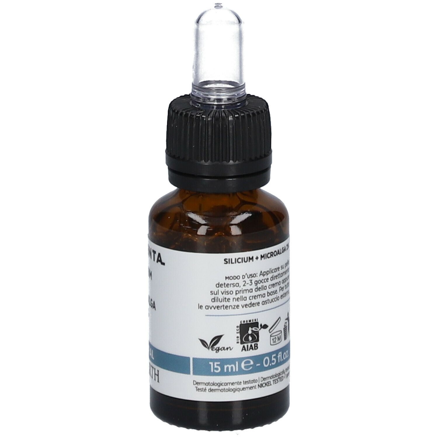 Bruine glazen fles met pipet. Opschrift: Elementa Silicium + Microalga 2%. Vegan logo.