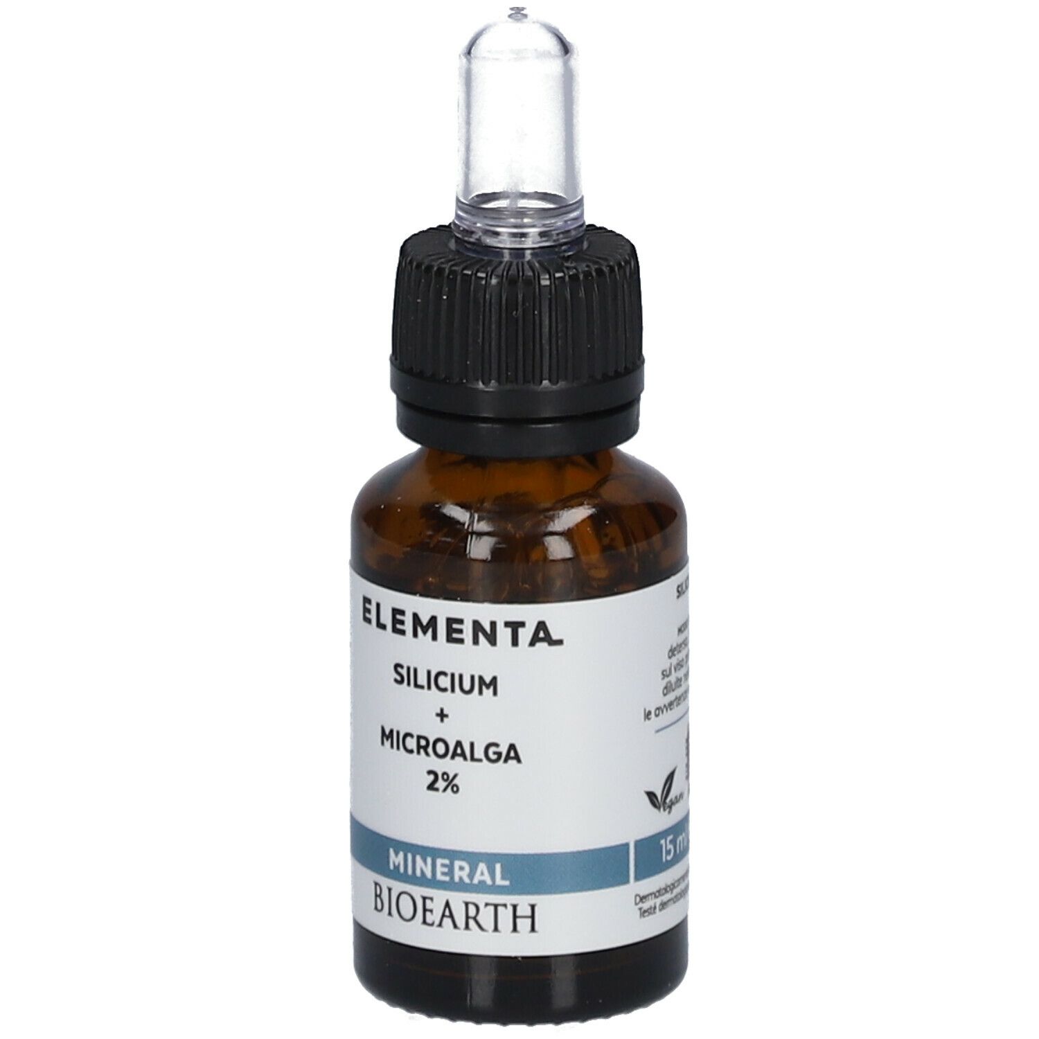 Bruine glazen fles met pipet. Opschrift: Elementa Silicium + Microalga 2%. Mineral Bioearth.