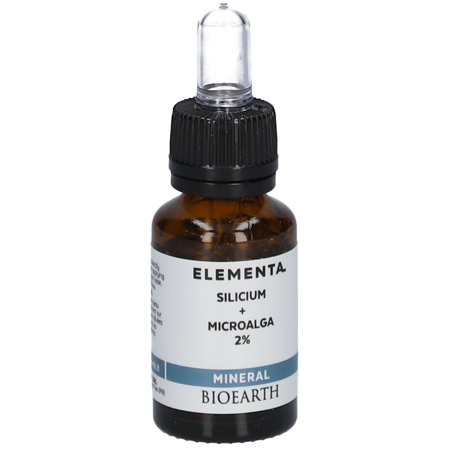 Bruine glazen fles met pipet. Opschrift: Elementa Silicium + Microalga 2%. Mineral Bioearth.