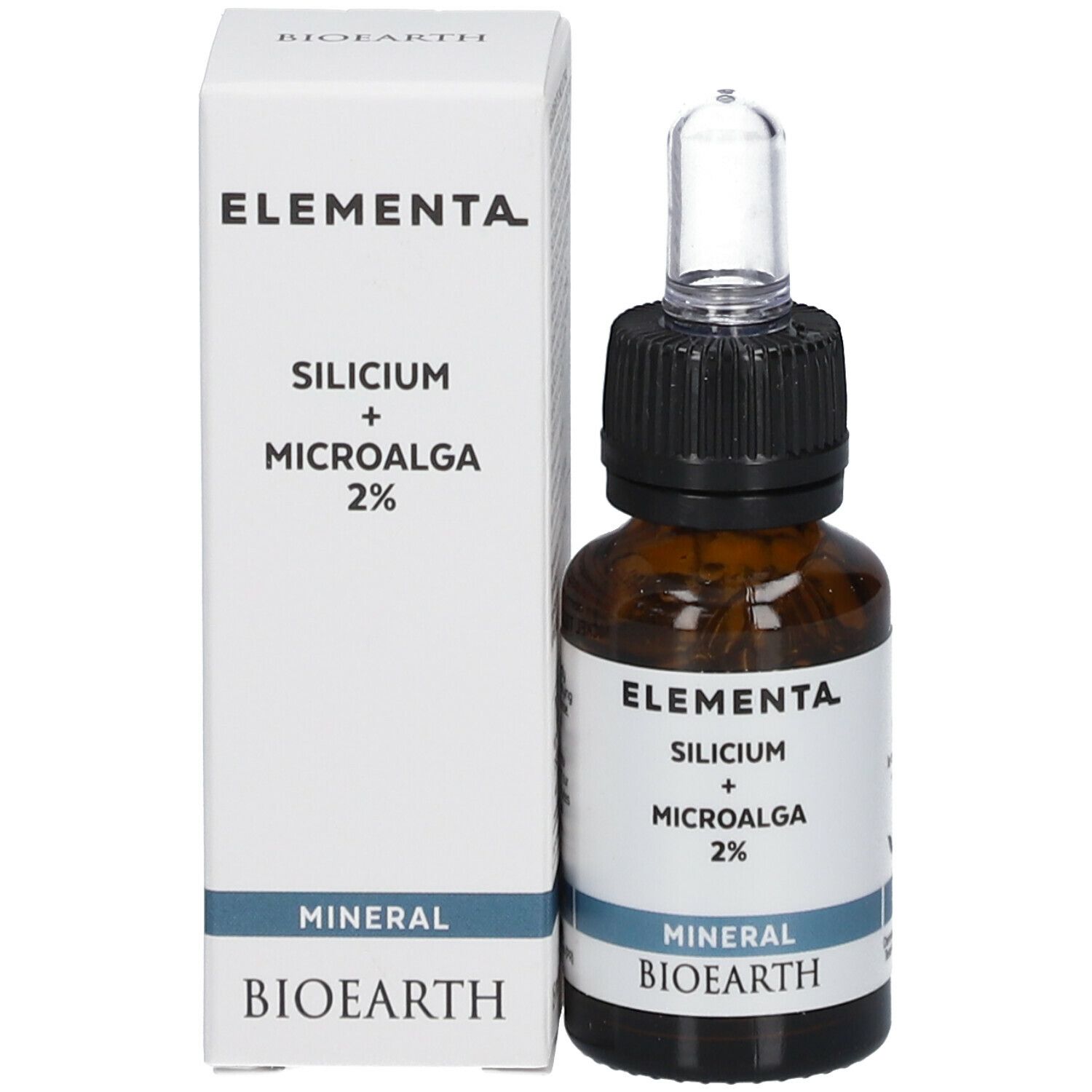 Productverpakking met fles en doos. Opschrift: Elementa Silicium + Microalga 2%. Mineral Bioearth.