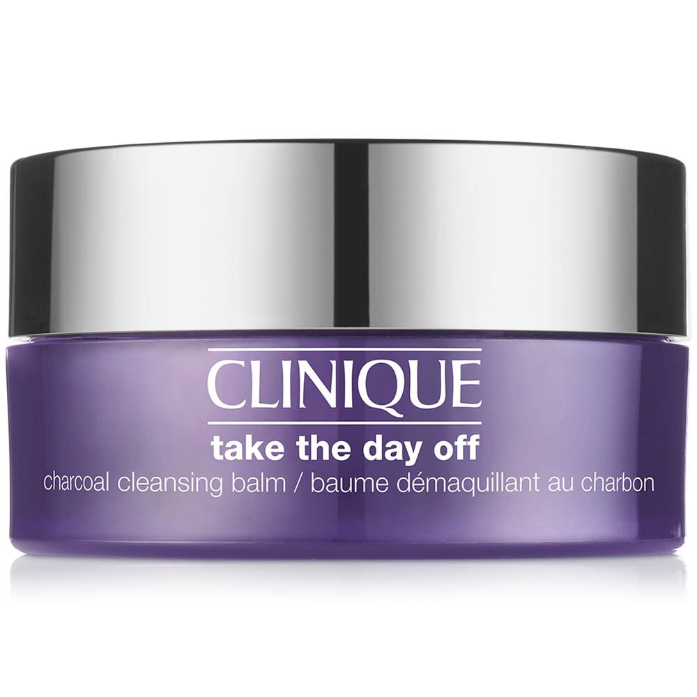 CLINIQUE Take The Day Off™ Charcoal Cleansing Balm in violettem Tiegel mit silbernem Deckel.
