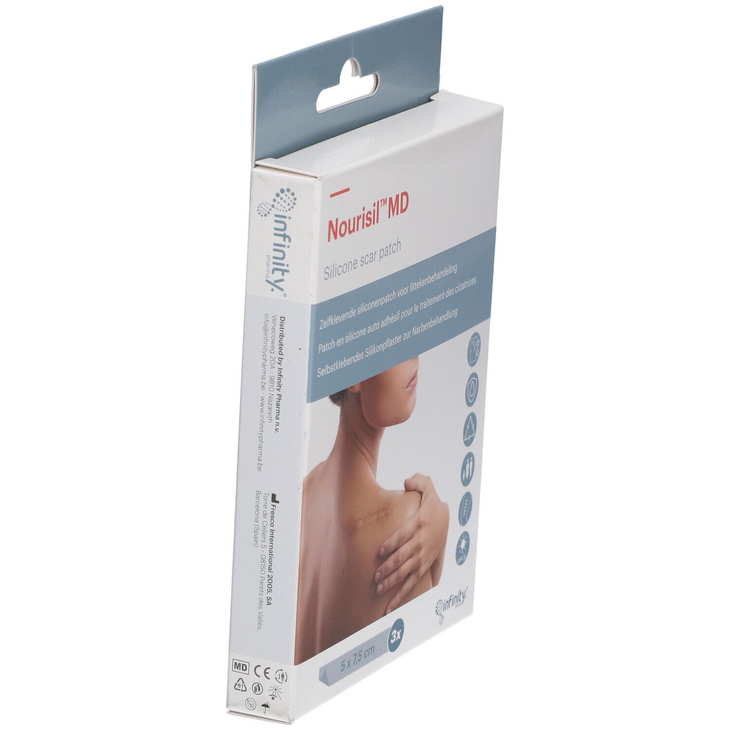 Productverpakking, zijaanzicht. Productnaam en afbeelding van een persoon. 5 x 7,5 cm.