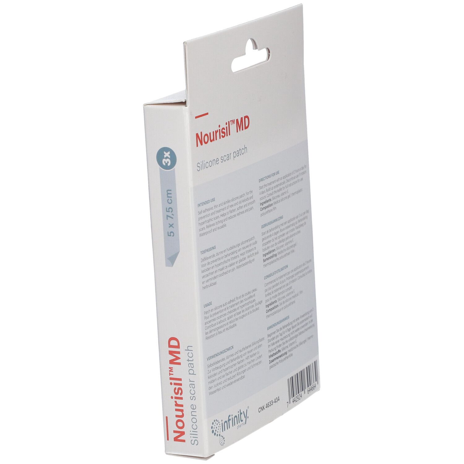 Productverpakking, zijaanzicht. Productnaam en afmeting 5 x 7,5 cm. 3 stuks.