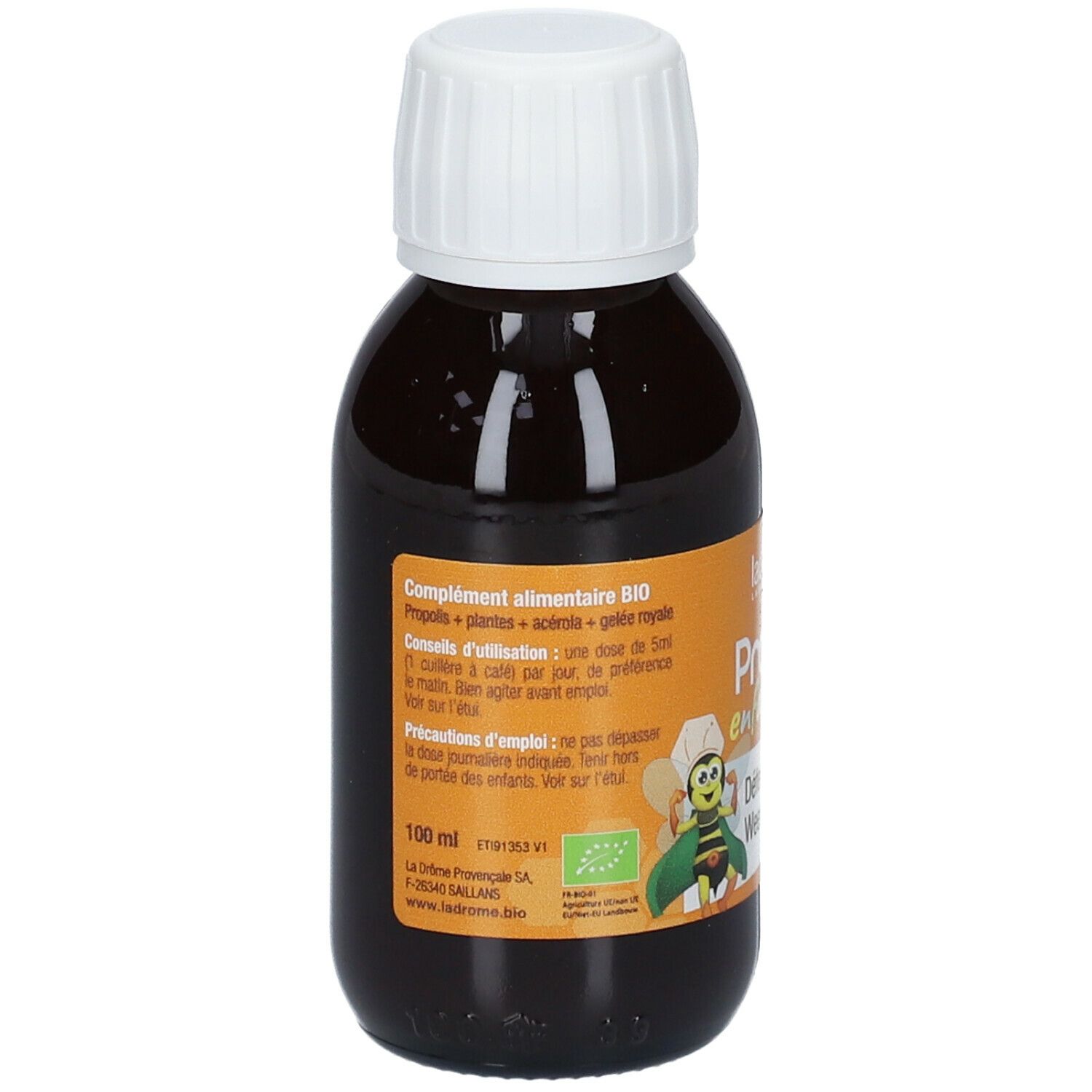 Flacon marron avec bouchon blanc. Étiquette avec informations produit et label bio. Texte en français.