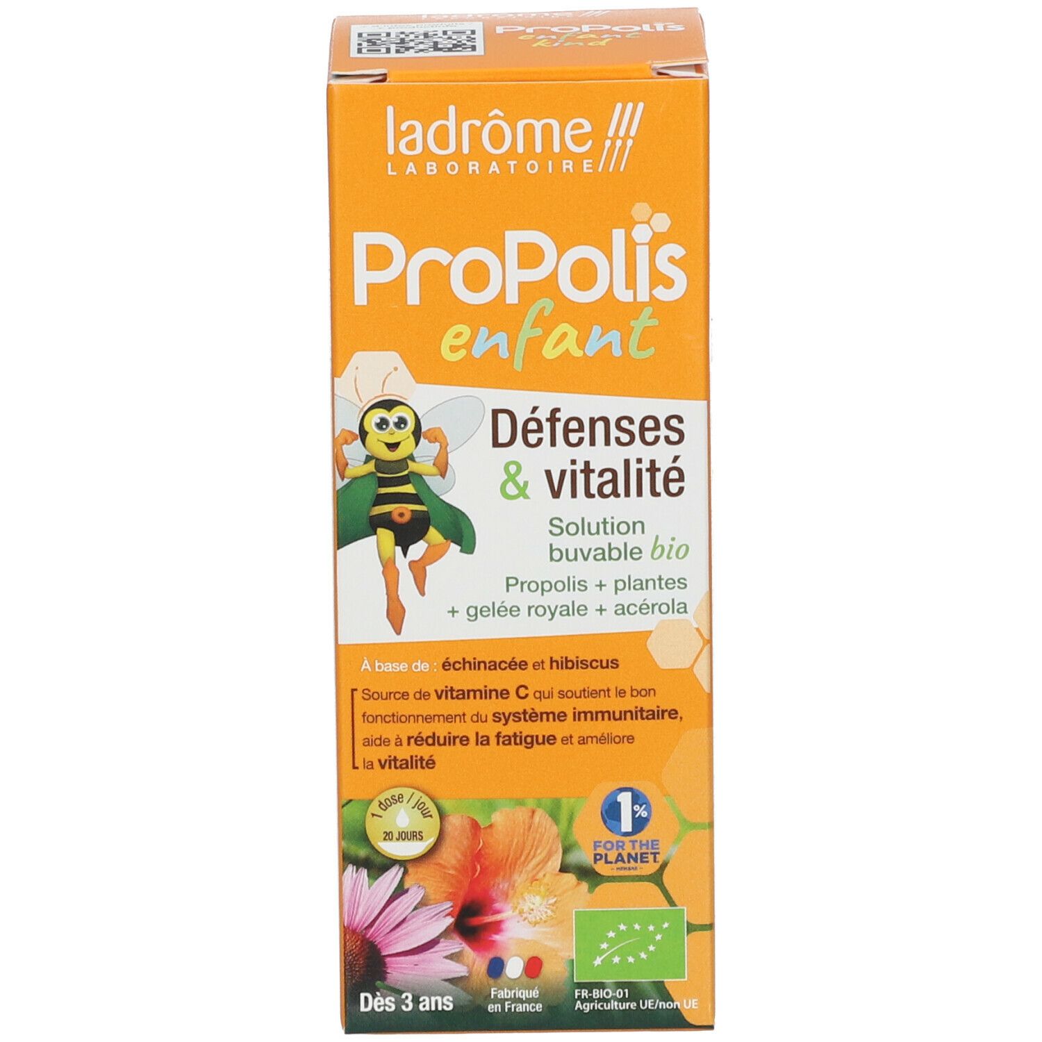 Emballage avec nom du produit et illustration. Texte en français. Label bio et illustrations.