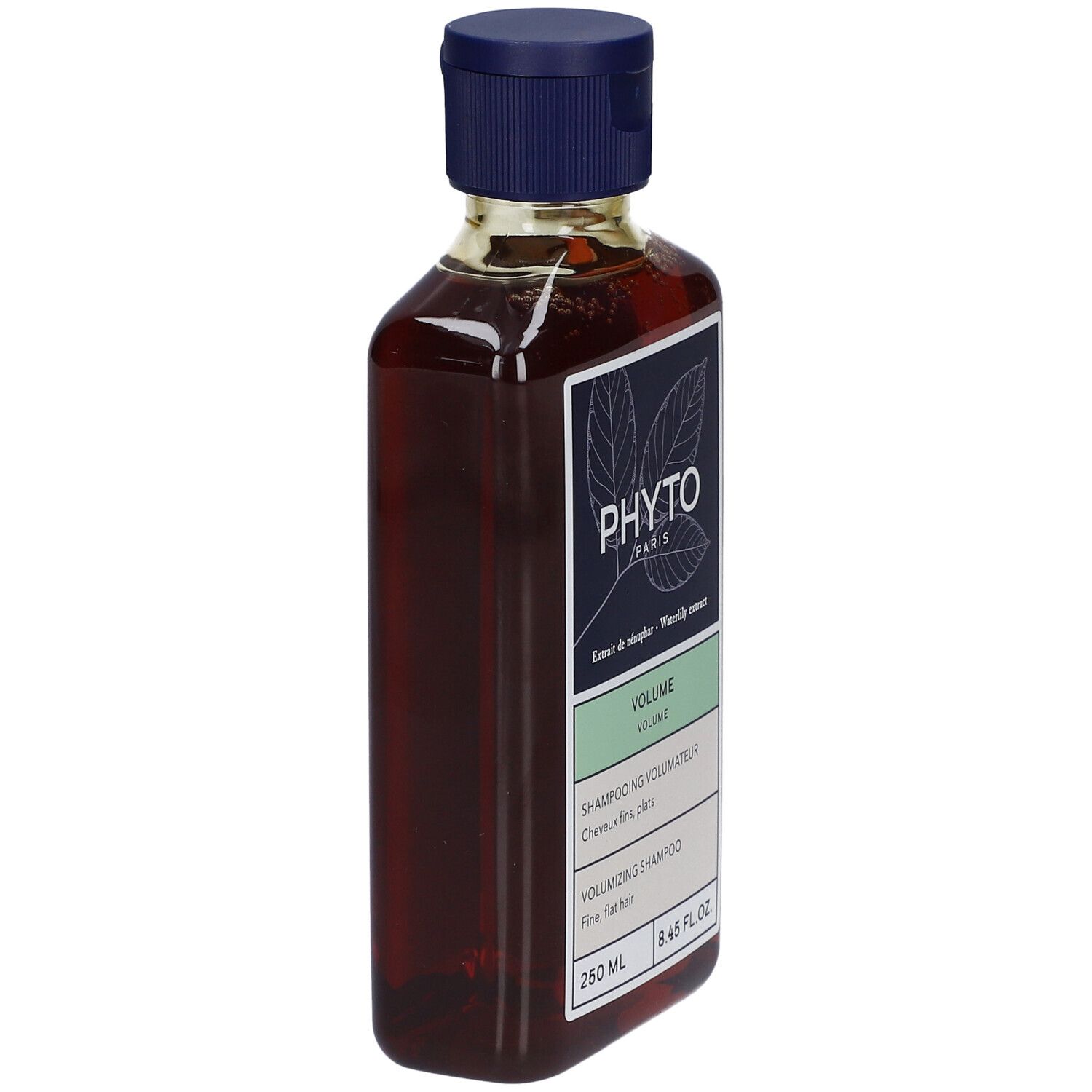 Bruine fles met blauwe dop. Label "PHYTO PARIS" en "VOLUME". Zijaanzicht.