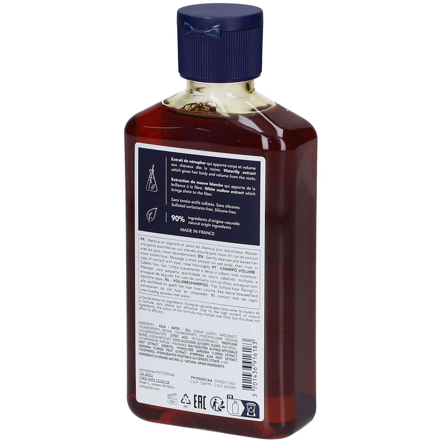 Bruine fles met blauwe dop. Achterkant met tekst. Bevat informatie over ingrediënten en fabrikant.