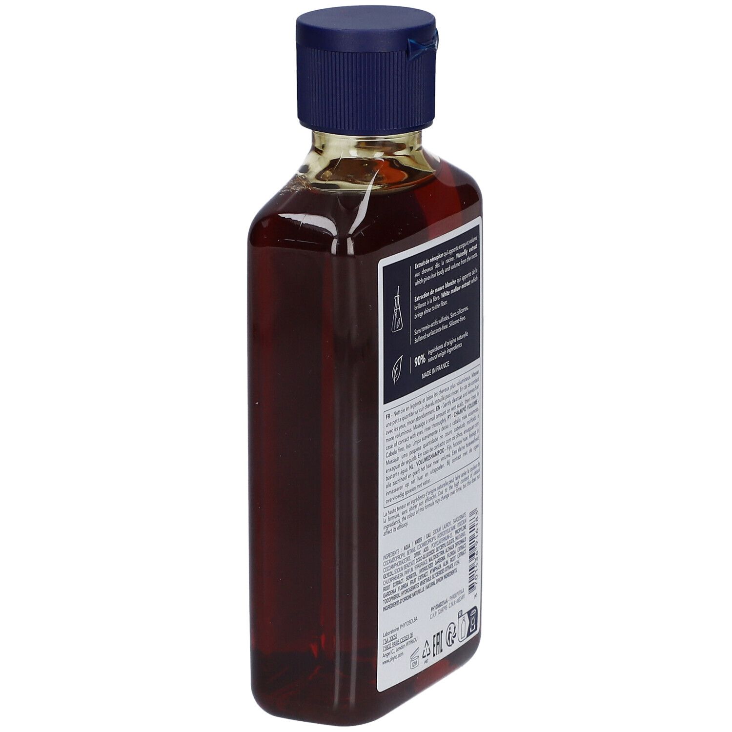 Bruine fles met blauwe dop. Achterkant met tekst. Zijaanzicht.