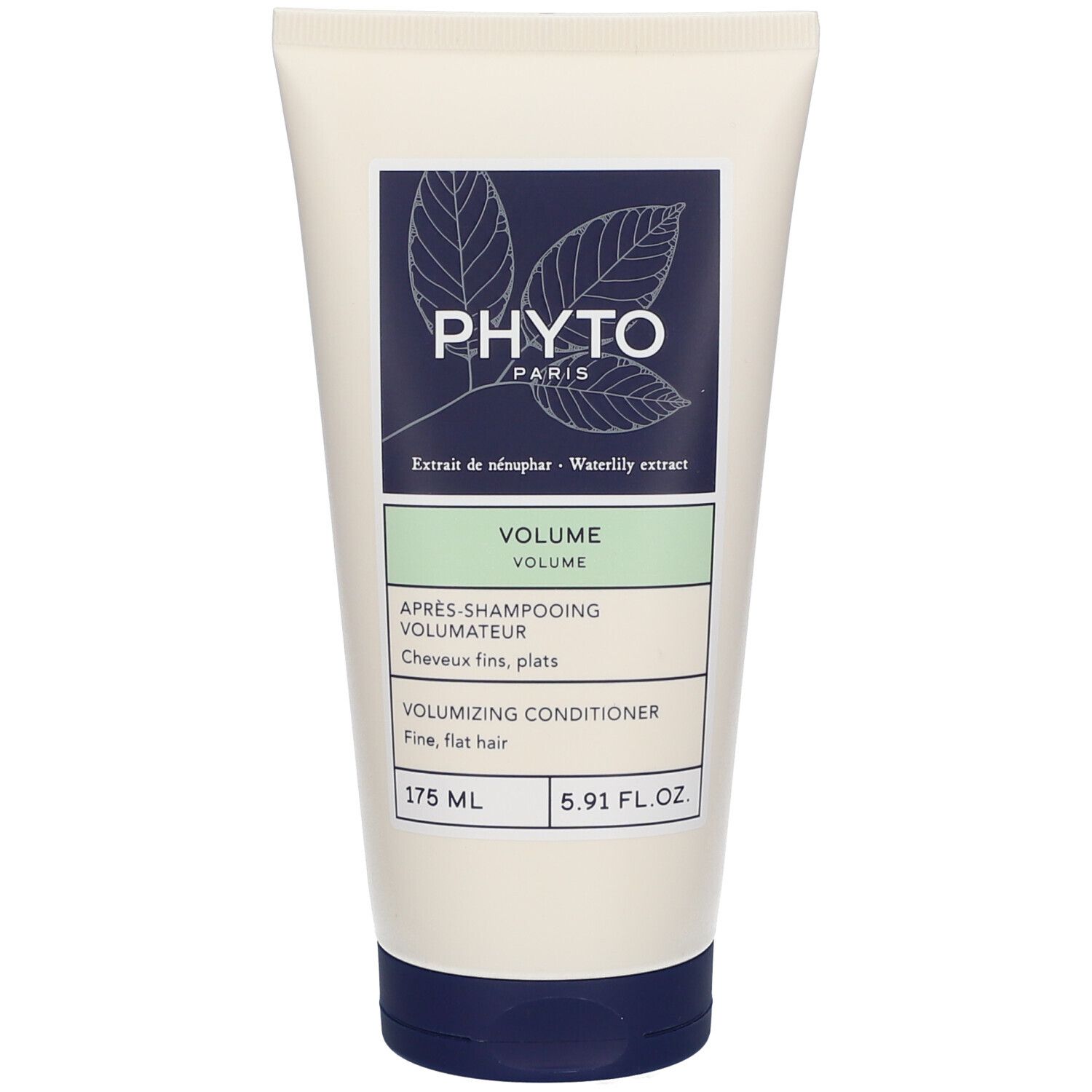 Tube de crème avec étiquette. Inscription: PHYT, VOLUME, Volumizing Conditioner. 175 ml.