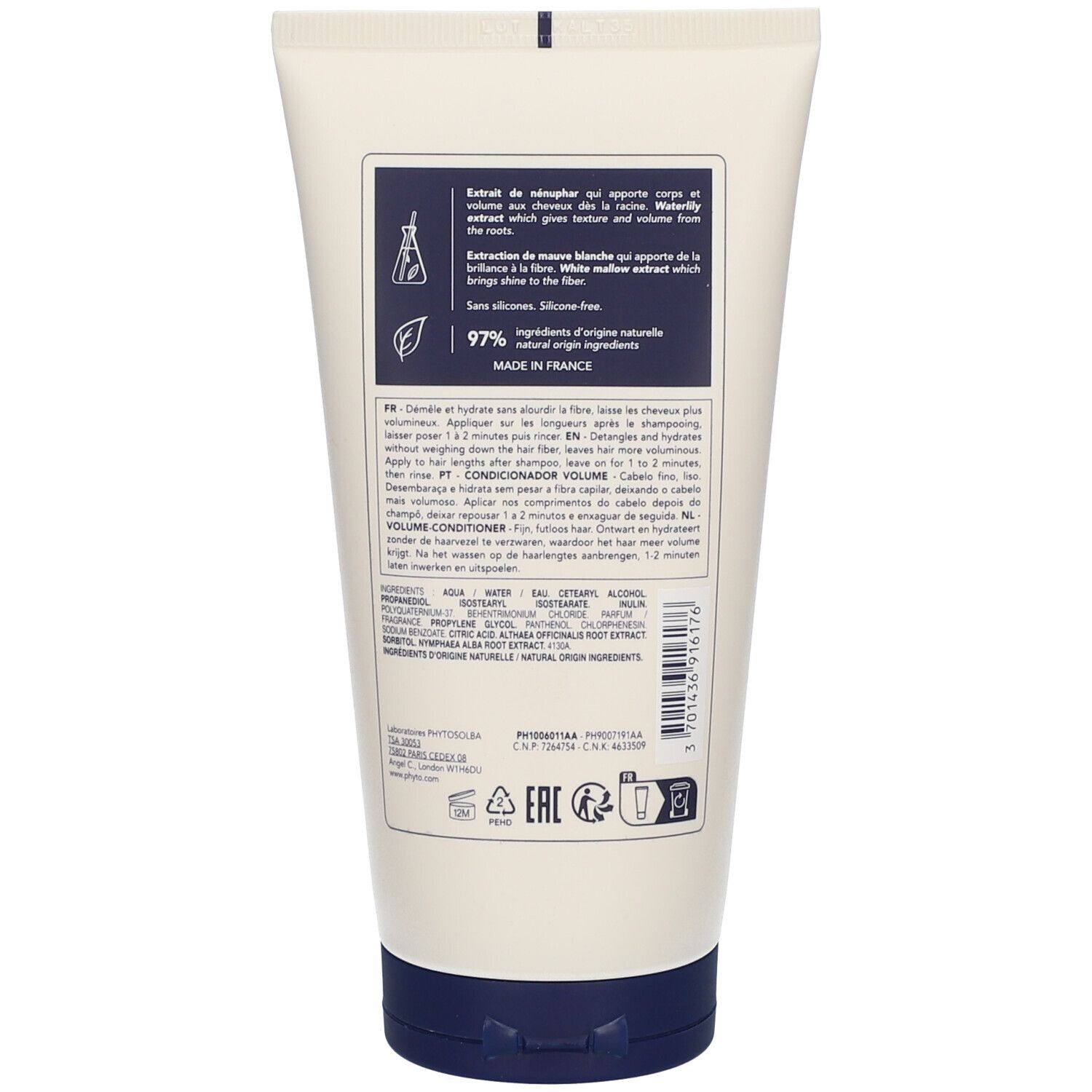 Dos du tube de crème. Texte: Extrait de nénuphar, 97% Ingrédients d'origine naturelle. Made in France.