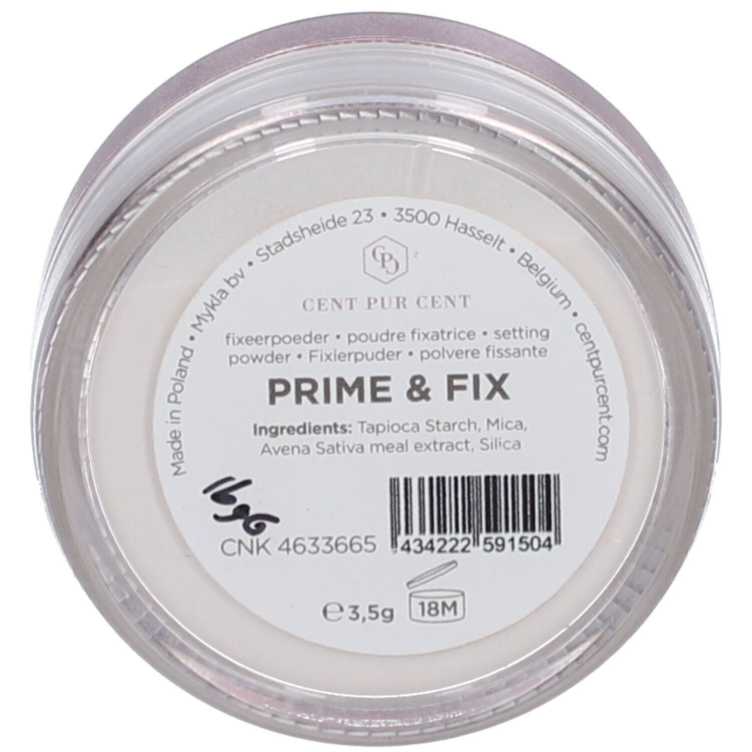 Durchsichtiger Behälter mit weißem Puder. Aufkleber mit Produktnamen, Inhaltsstoffen und Barcode. Text: PRIME & FIX.