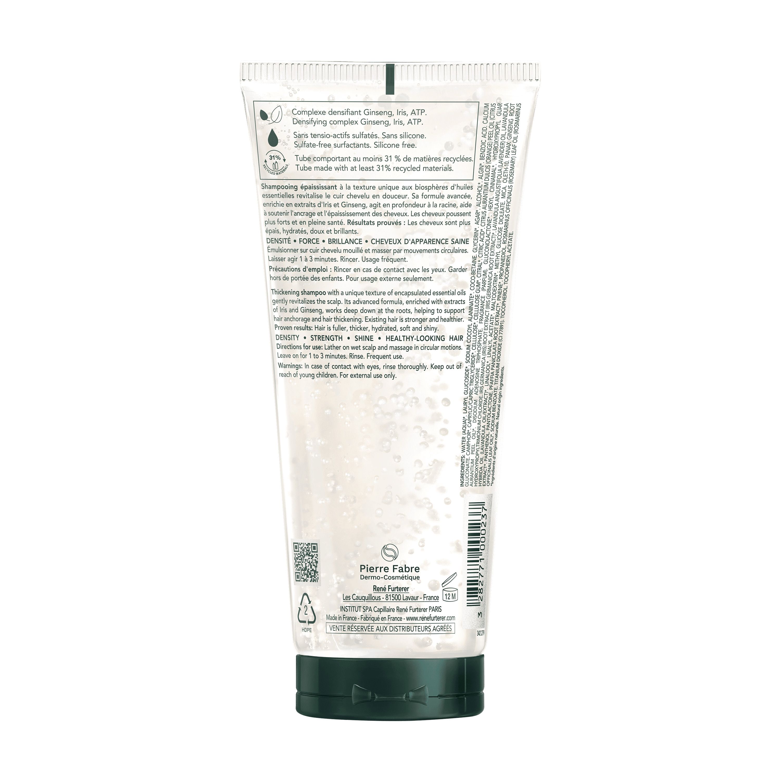 Dos du tube de shampooing. Texte multilingue. Fabricant: Pierre Fabre. Symboles de recyclage.