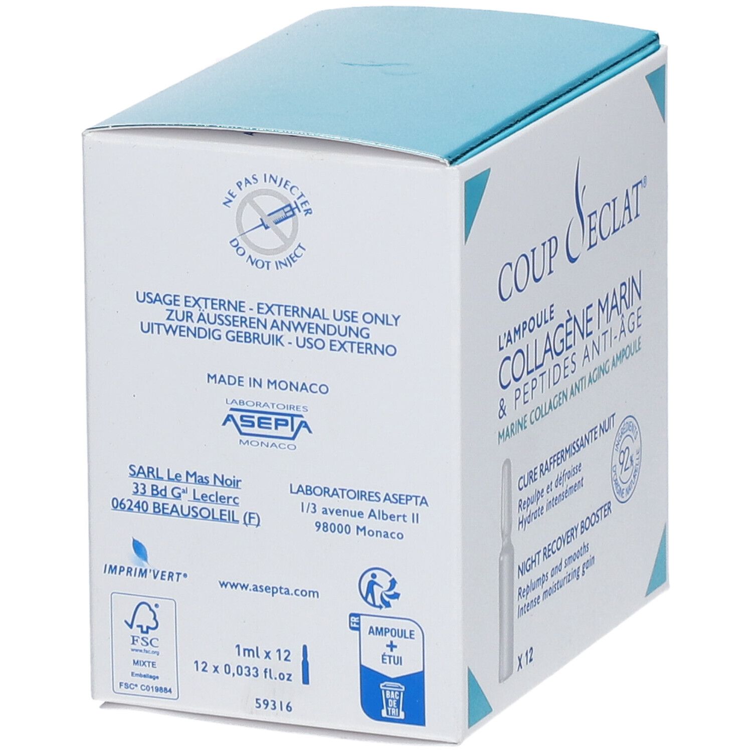 Rückseite der Coup D'Eclat® Marine Collagen Anti-Ageing Ampulle Verpackung. Enthält Informationen und Logo.