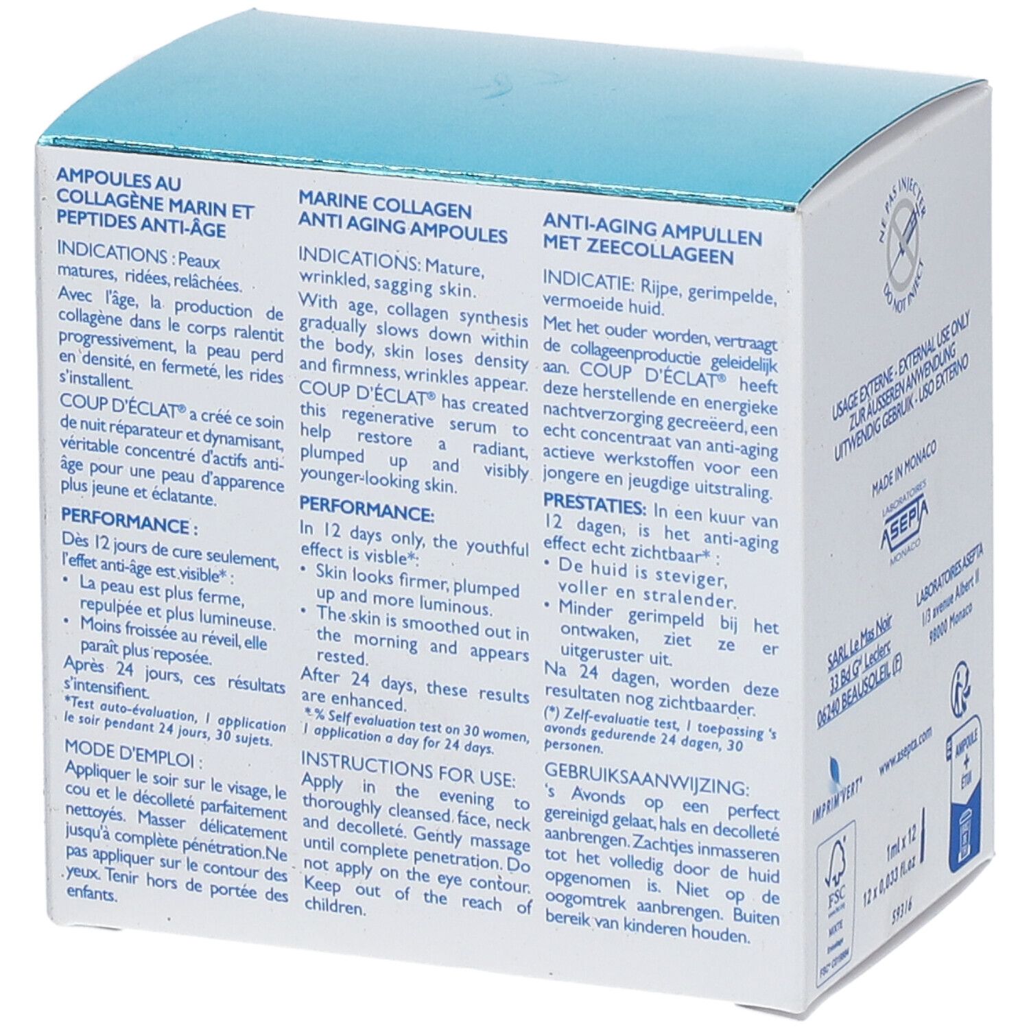 Seite der Coup D'Eclat® Marine Collagen Anti-Ageing Ampulle Verpackung. Text in mehreren Sprachen. Produktinformationen.