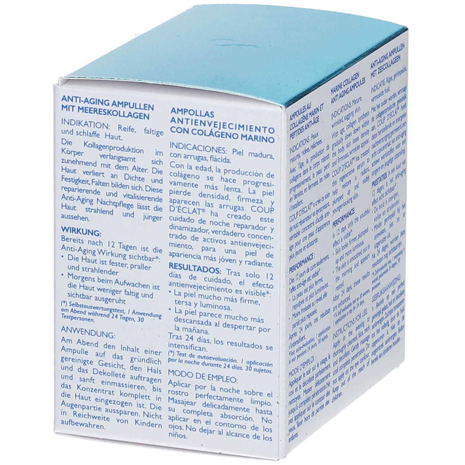 Seite der Coup D'Eclat® Marine Collagen Anti-Ageing Ampulle Verpackung. Text in mehreren Sprachen. Produktinformationen.