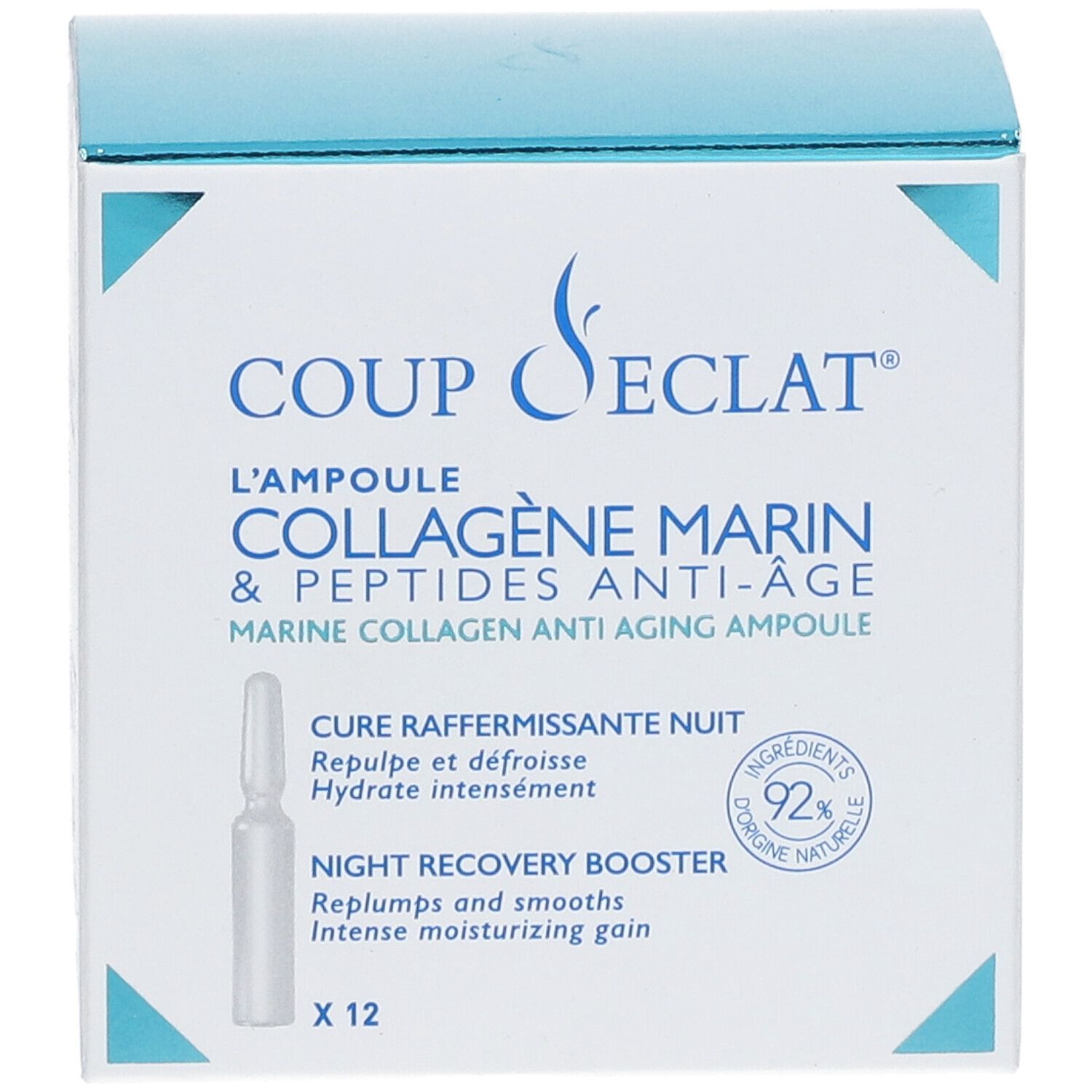 Coup D'Eclat® Marine Collagen Anti-Ageing Ampulle Verpackung. 12 Ampullen. Produktname und Logo deutlich sichtbar.