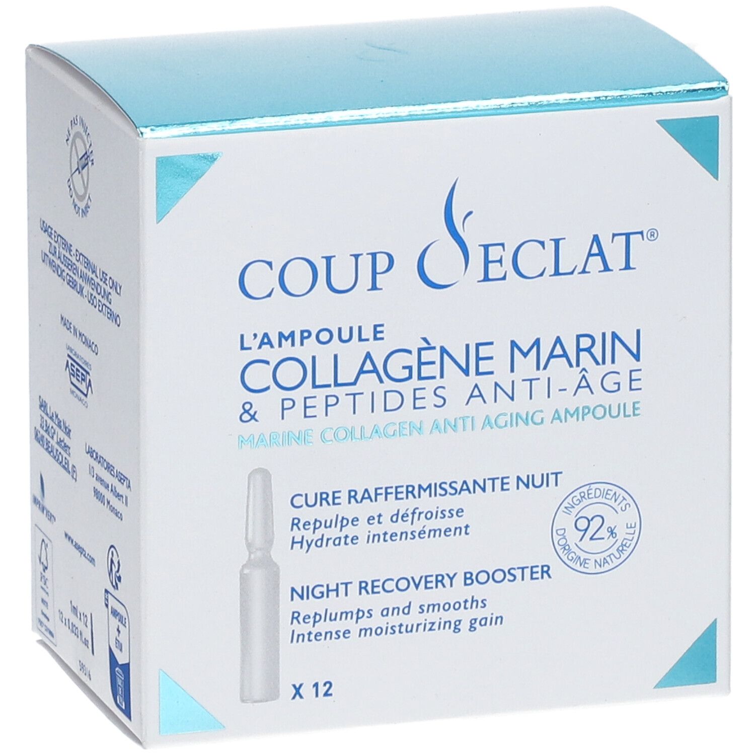 Coup D'Eclat® Marine Collagen Anti-Ageing Ampulle Verpackung. 12 Ampullen. Produktname und Logo deutlich sichtbar.