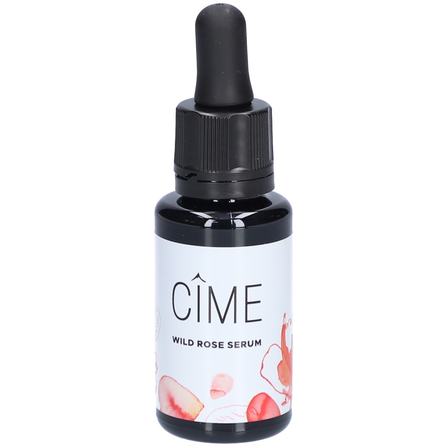 Flacon en verre noir avec pipette. Étiquette blanche avec "Cîme Wild Rose Serum" et motif floral. Applicateur en forme de goutte.