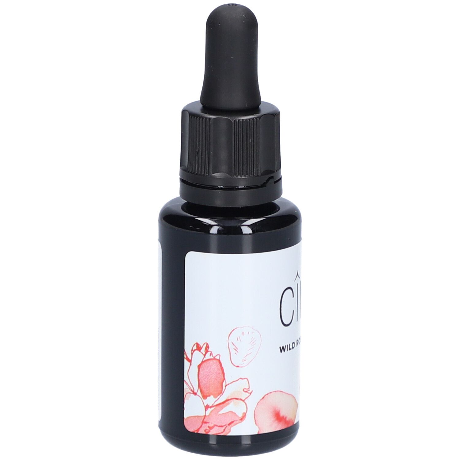 Flacon en verre noir avec pipette. Étiquette blanche avec "Cîme Wild Rose Serum" et motif floral. Applicateur en forme de goutte.