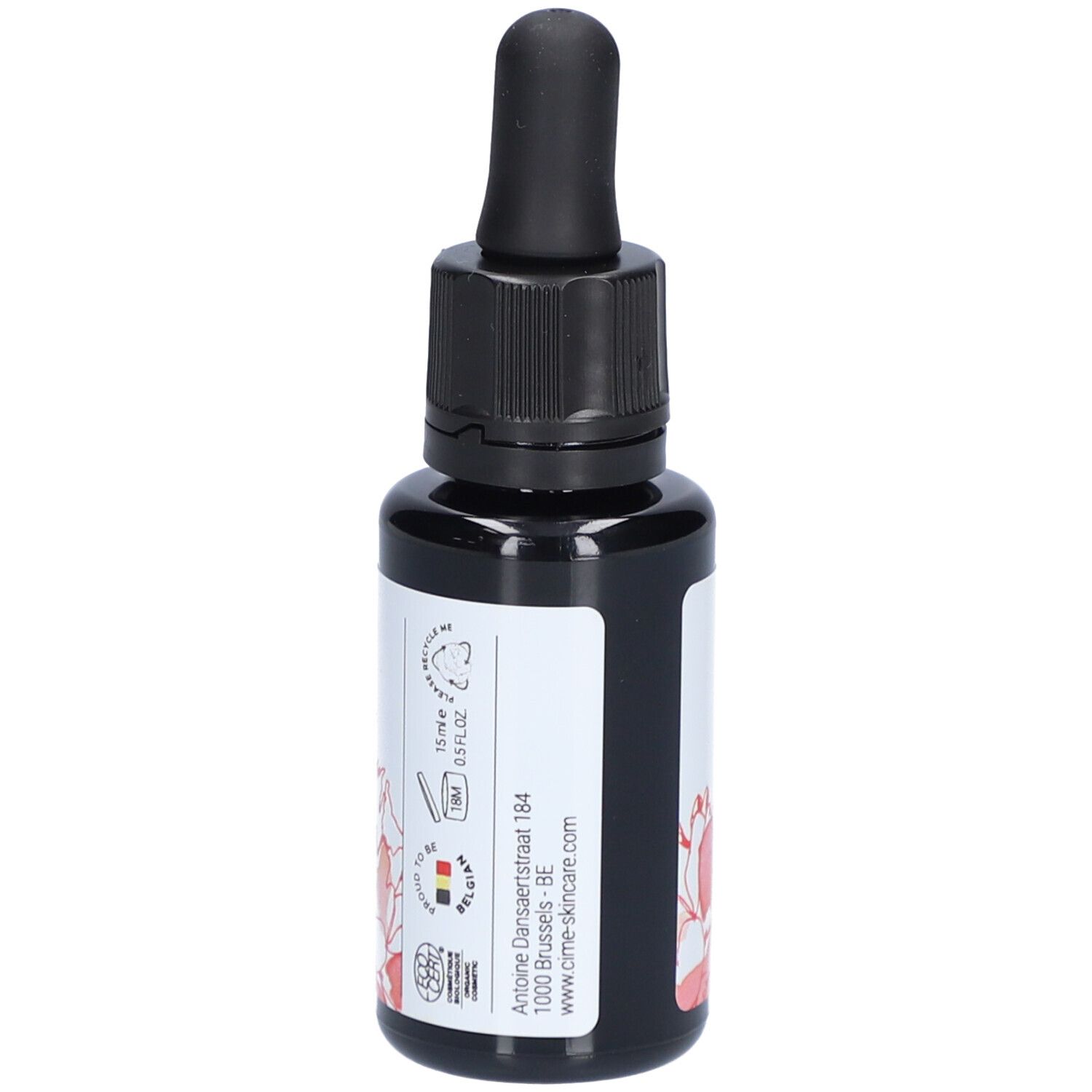 Flacon en verre noir avec pipette. Étiquette blanche avec "Cîme Wild Rose Serum" et motif floral. Applicateur en forme de goutte.