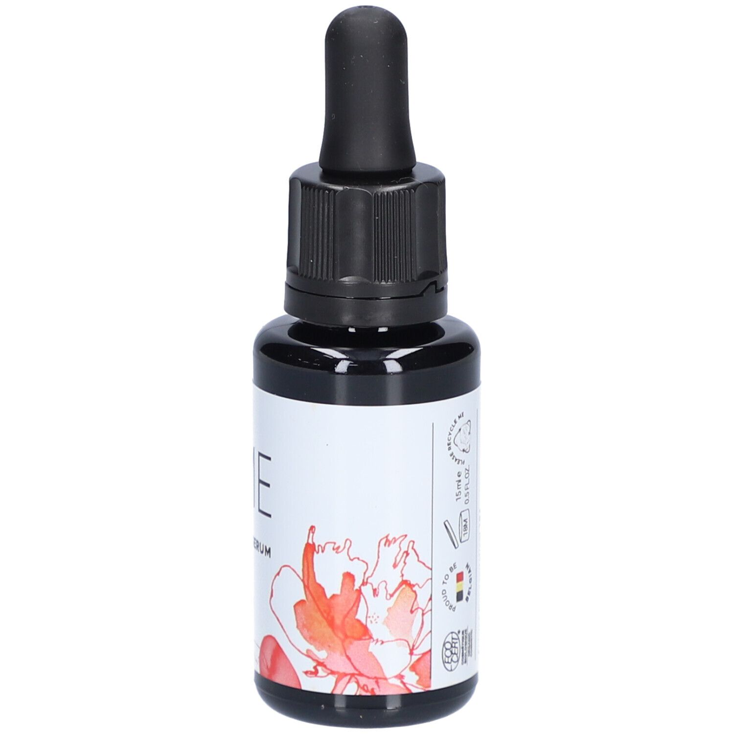 Flacon en verre noir avec pipette. Étiquette blanche avec "Cîme Wild Rose Serum" et motif floral. Applicateur en forme de goutte.