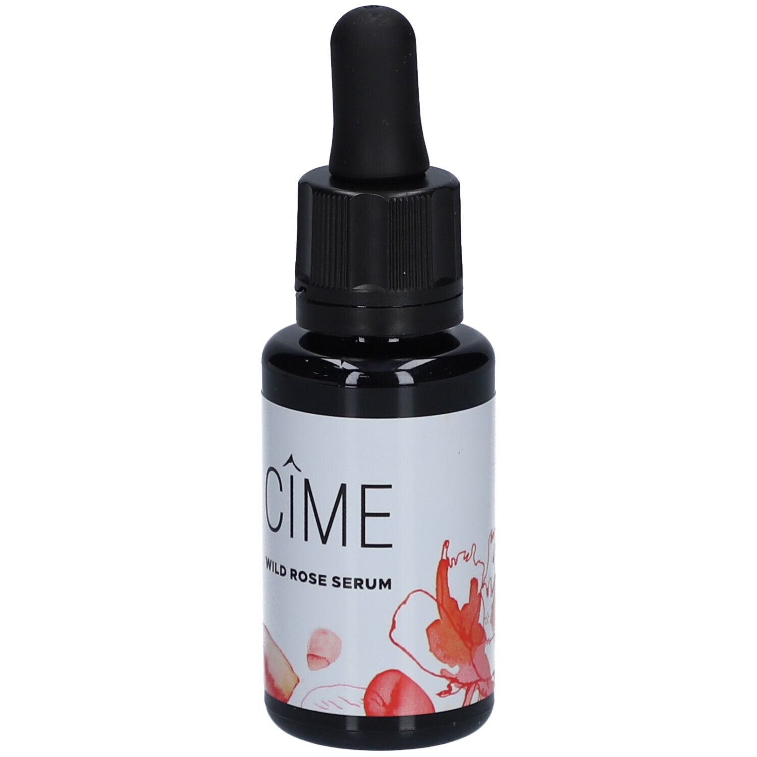 Flacon en verre noir avec pipette. Étiquette blanche avec "Cîme Wild Rose Serum" et motif floral. Applicateur en forme de goutte.