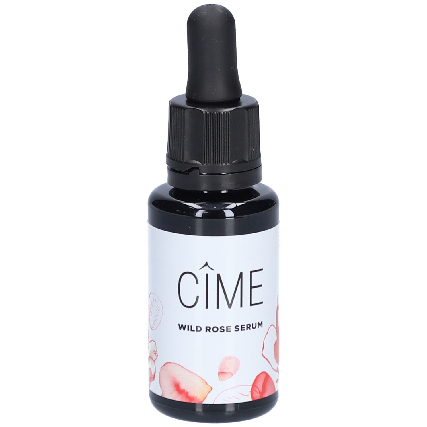 Flacon en verre noir avec pipette. Étiquette blanche avec "Cîme Wild Rose Serum" et motif floral. Applicateur en forme de goutte.