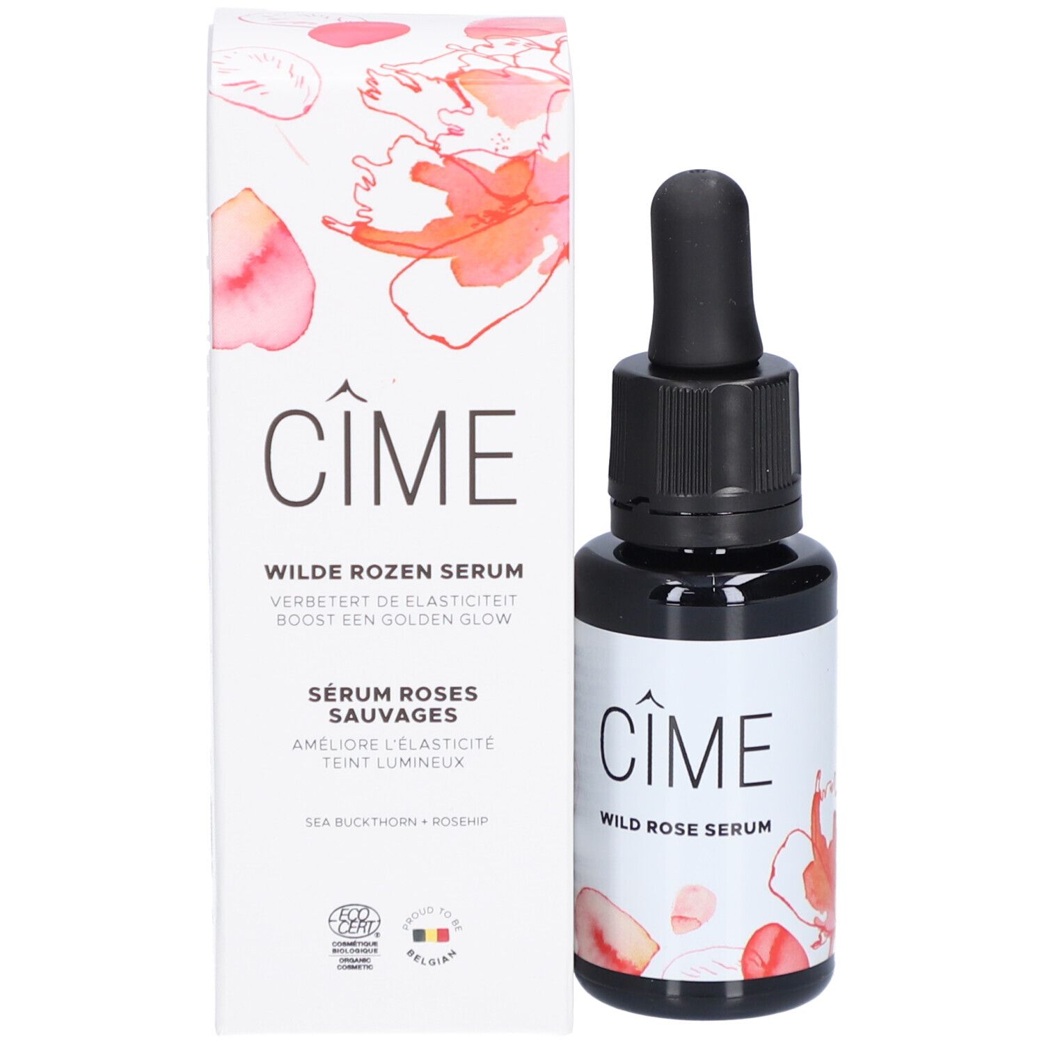 Flacon en verre noir avec pipette et boîte. Sur la boîte : "Cîme Wild Rose Serum", motif floral, certification.