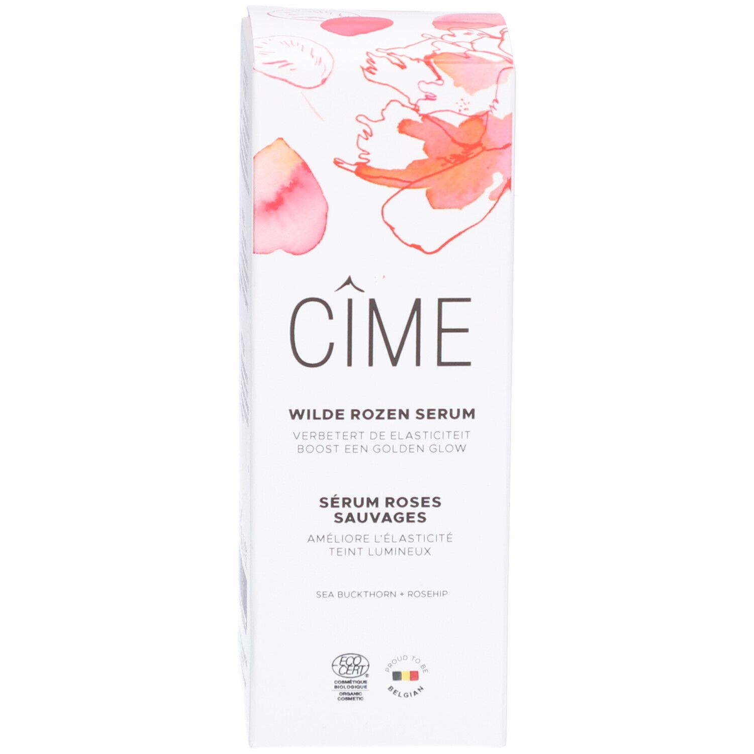 Boîte avec motif floral et texte : "Cîme Wild Rose Serum". Certifications et informations produit. Fond blanc.