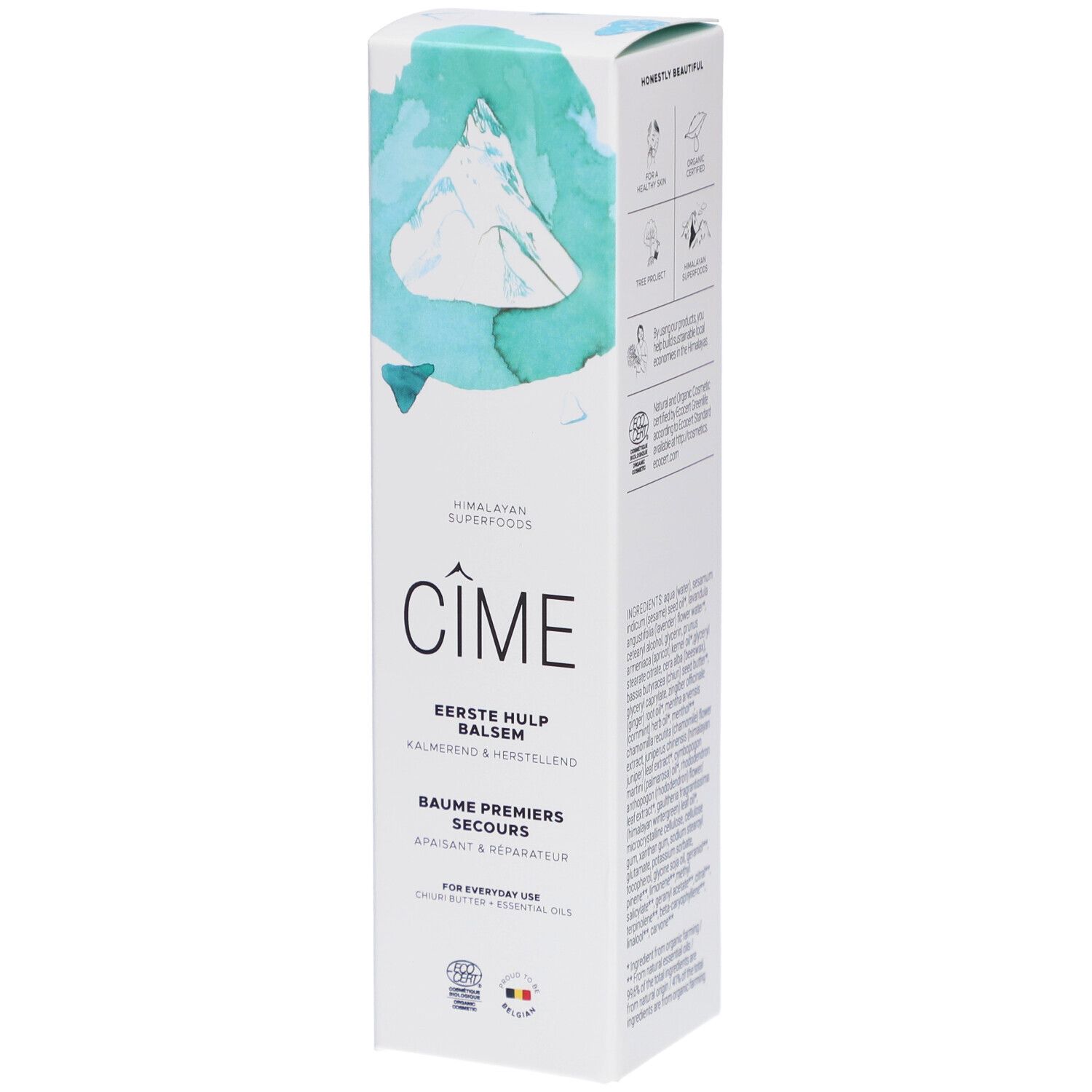 Boîte blanche avec illustrations bleu-vert. Texte : Cîme, Baume Premiers Secours. Logo Ecocert.