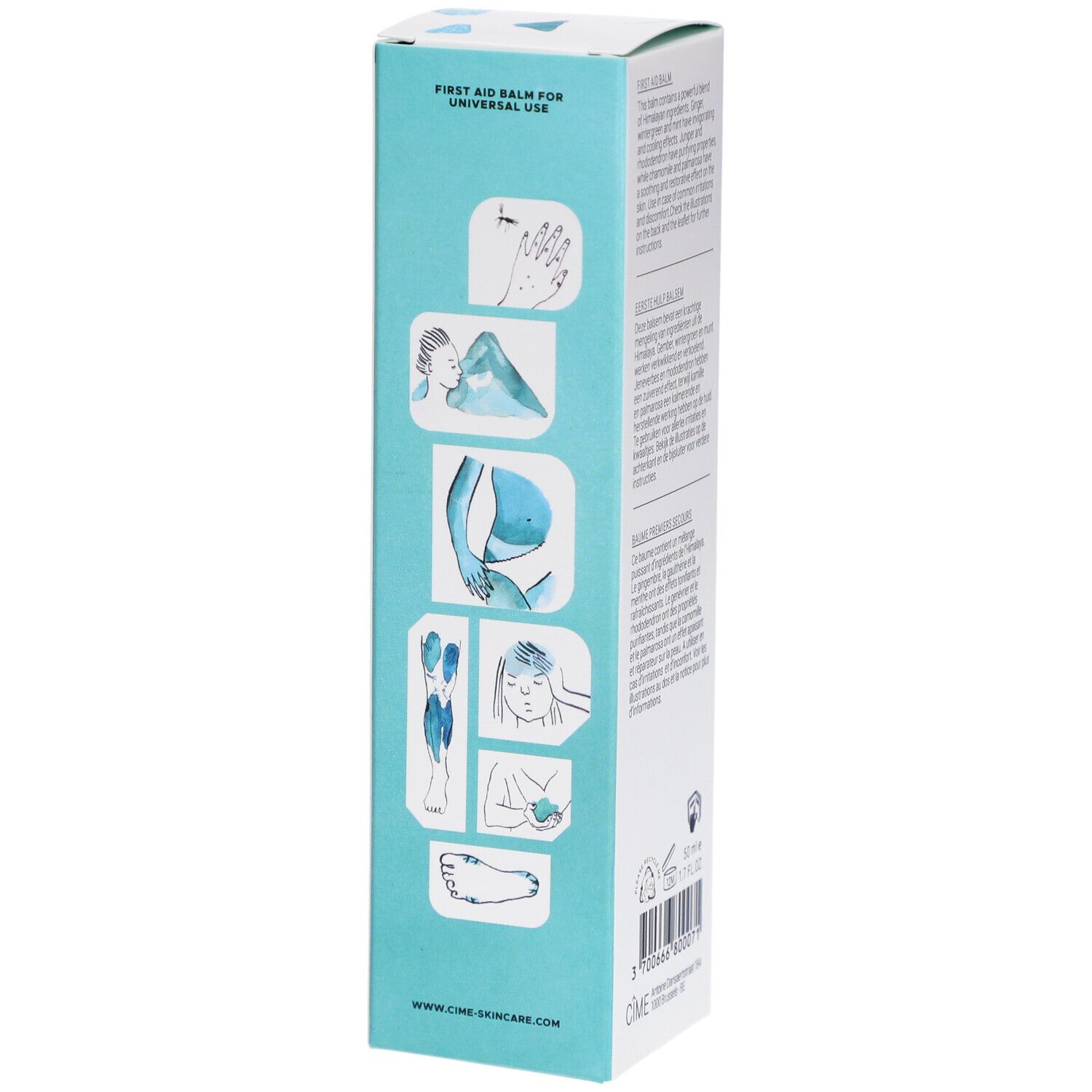 Côté de la boîte blanche avec illustrations d'utilisation. Texte : Baume Premiers Secours pour usage universel.