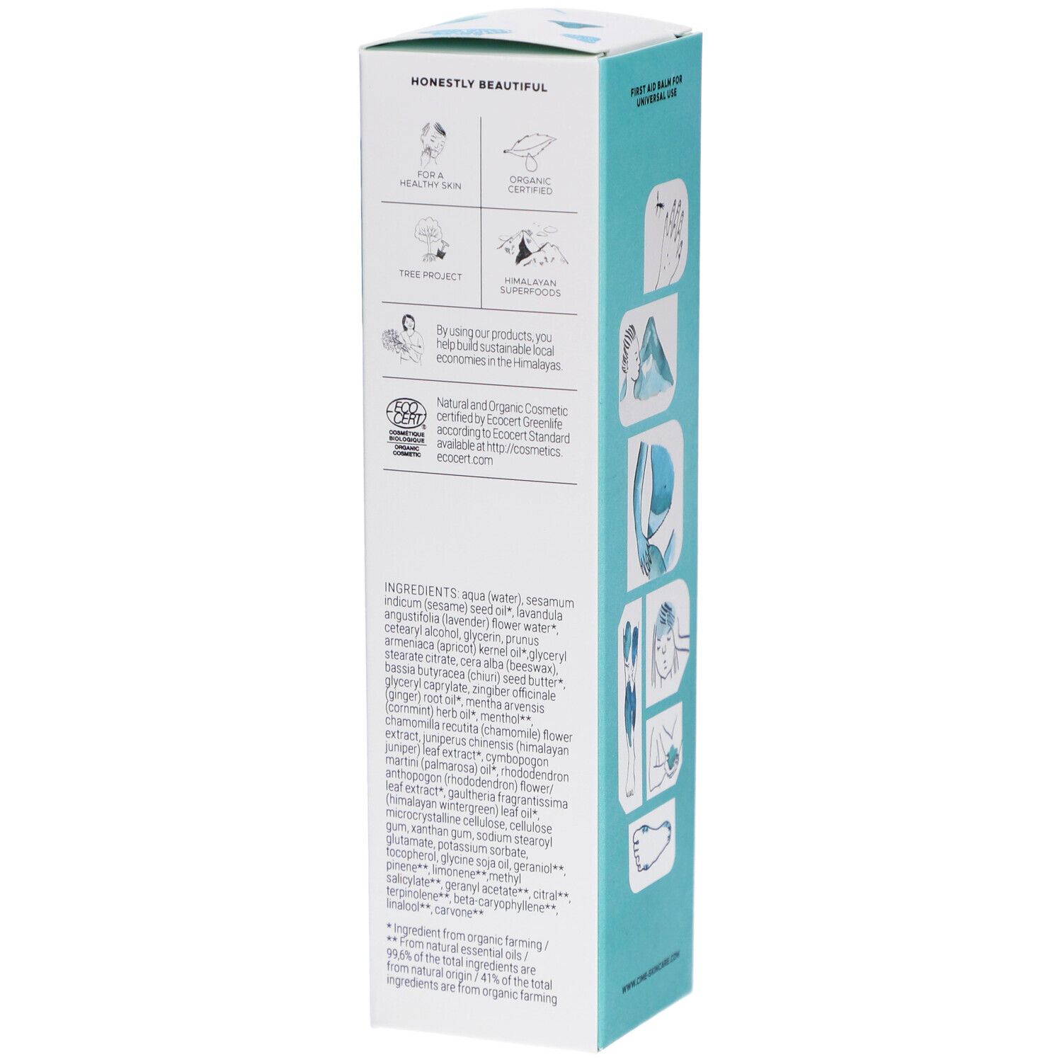 Côté de la boîte blanche. Texte : Cîme, ingrédients, certifications, illustrations. Logo Ecocert.