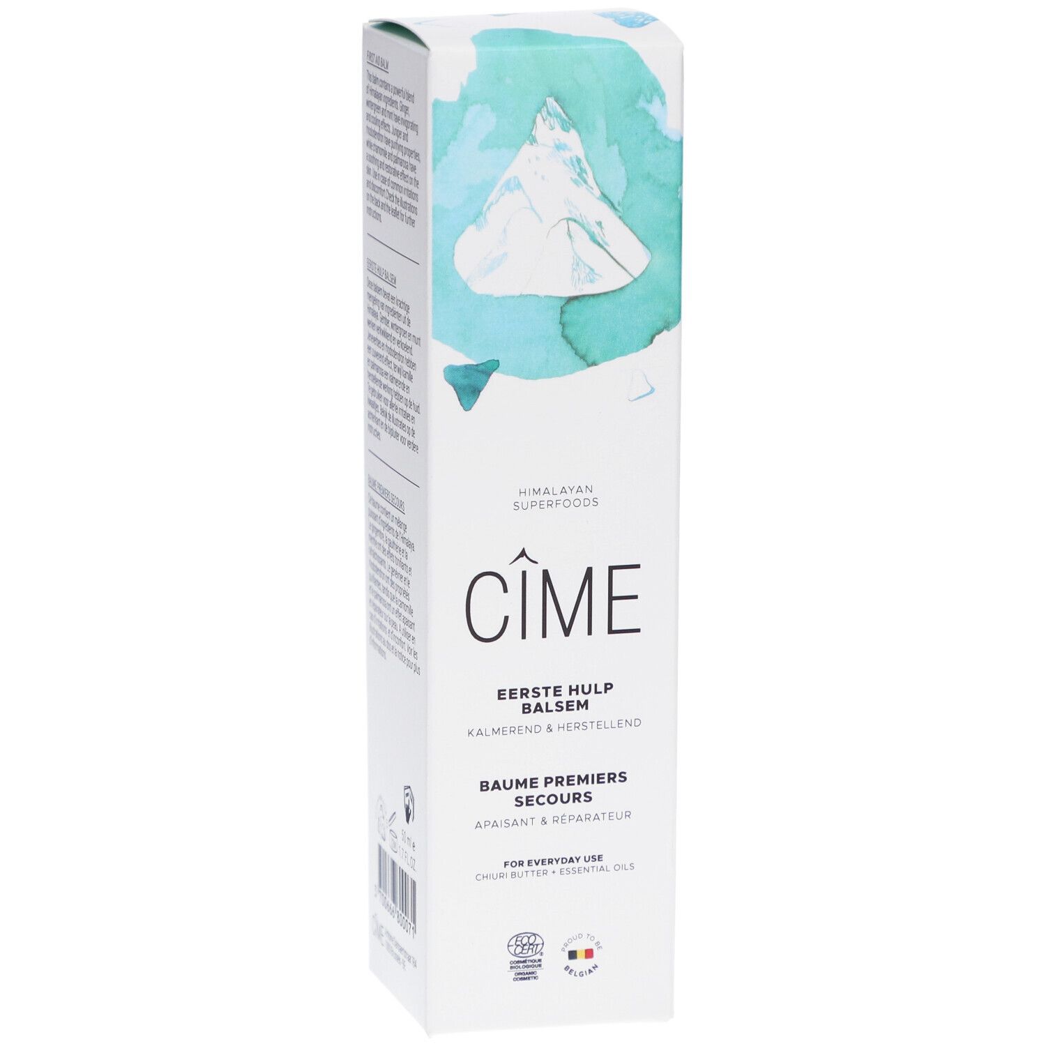 Boîte blanche avec illustrations bleu-vert. Texte : Cîme, Baume Premiers Secours. Logo Ecocert.