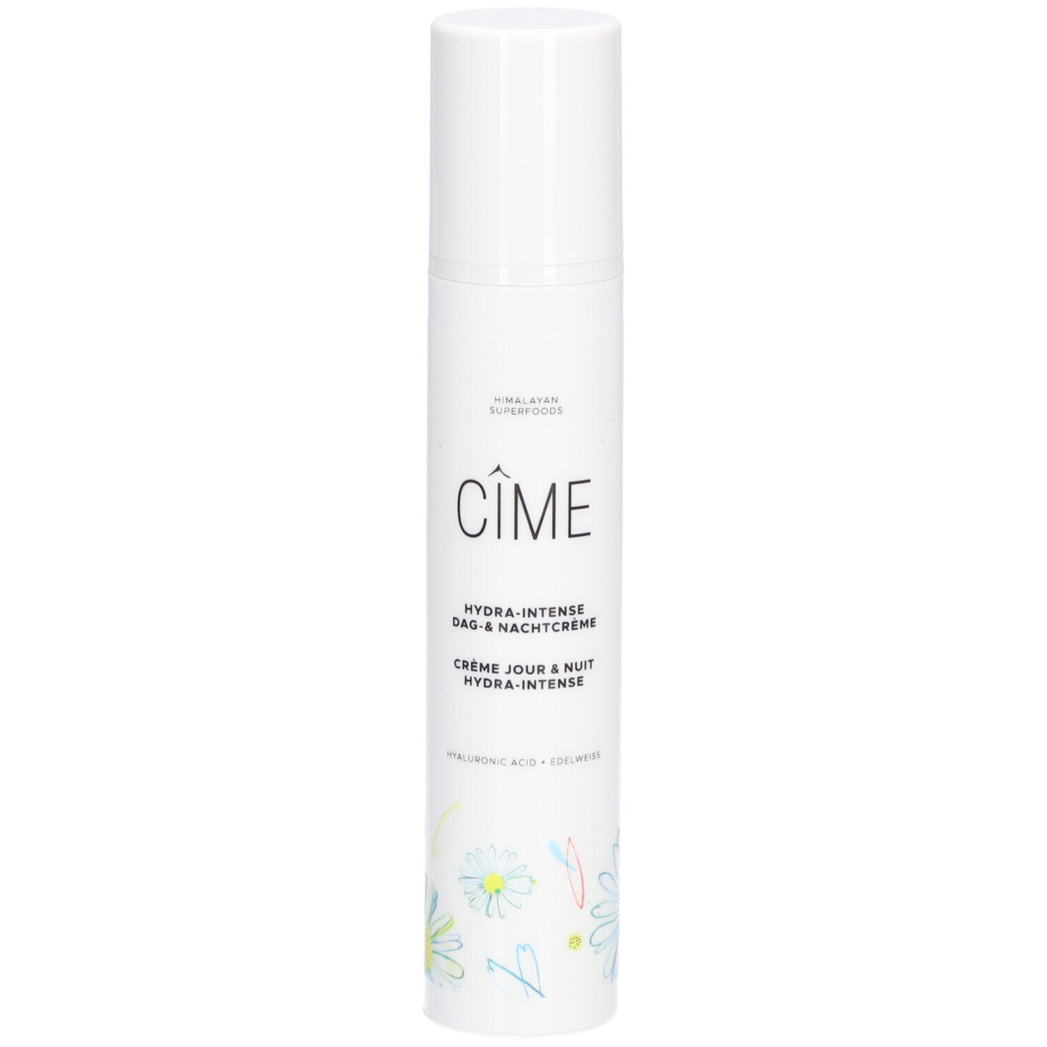 Flacon blanc Cîme. Texte: Hydra-Intense Crème Jour & Nuit. Décor floral.