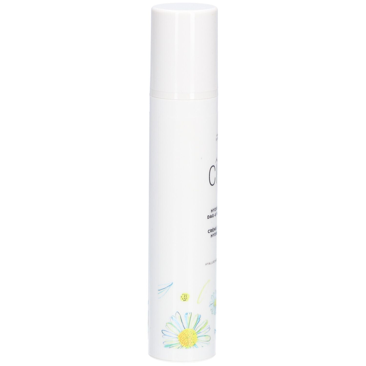 Flacon blanc Cîme. Texte: Hydra-Intense Crème Jour & Nuit. Décor floral.