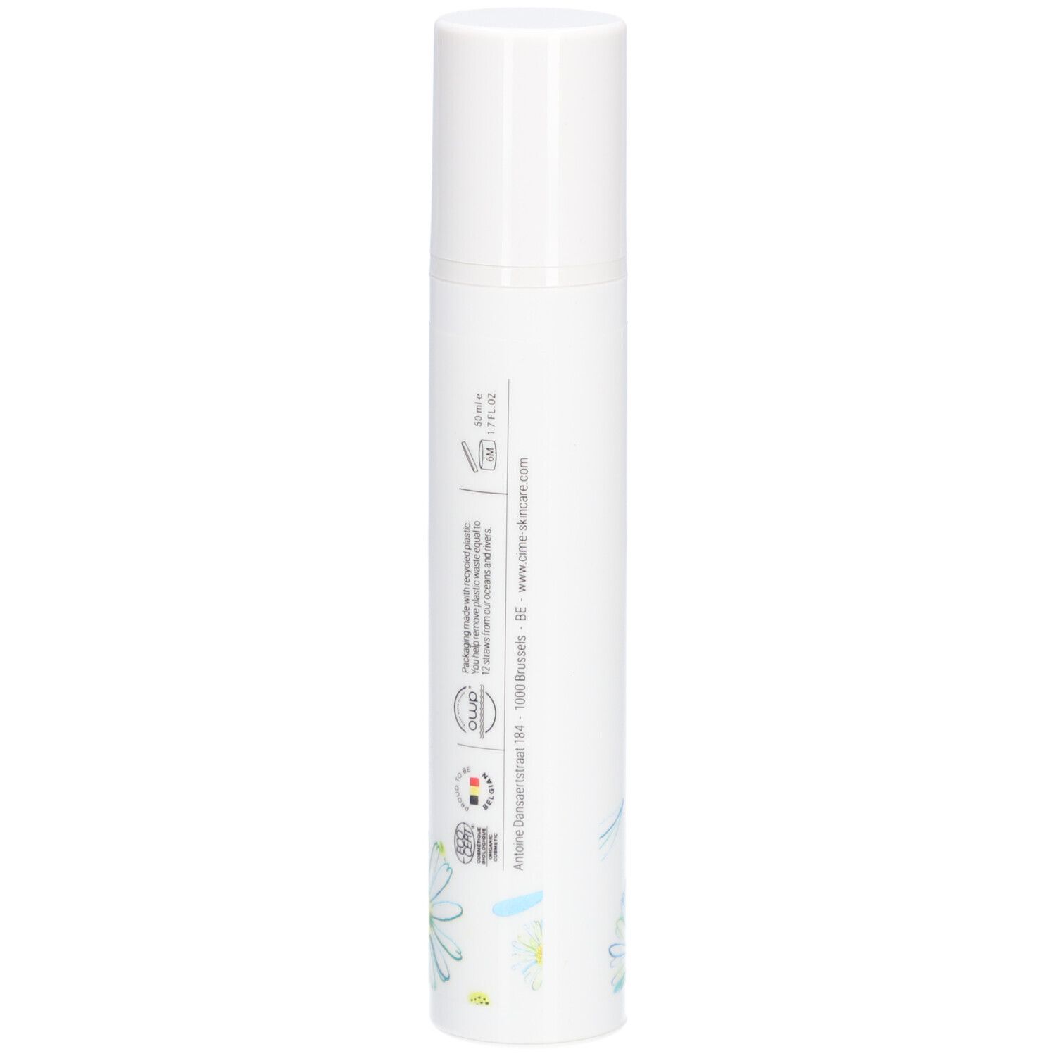 Flacon blanc Cîme. Texte: Hydra-Intense Crème Jour & Nuit. Décor floral.