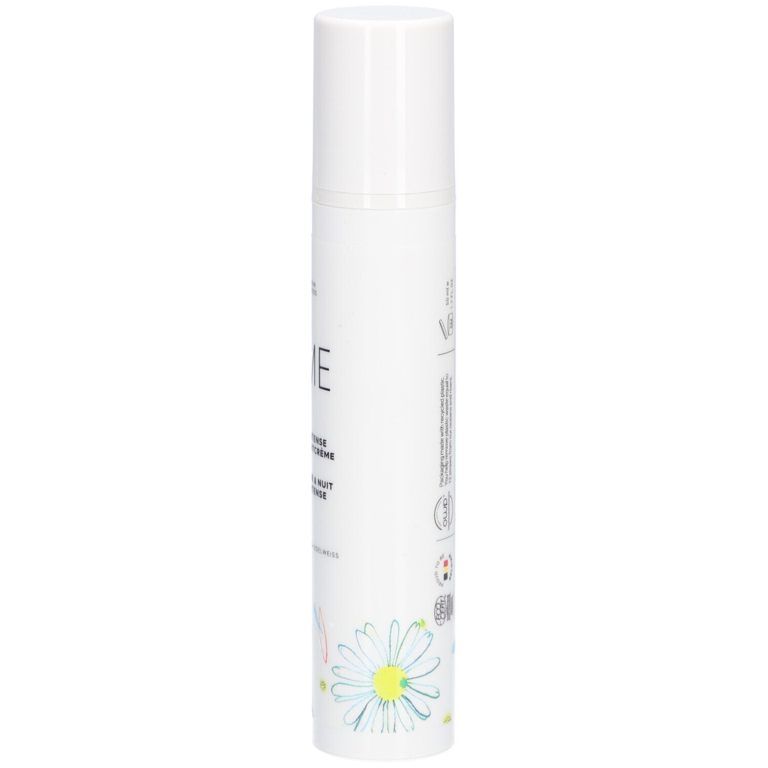 Flacon blanc Cîme. Texte: Hydra-Intense Crème Jour & Nuit. Décor floral.