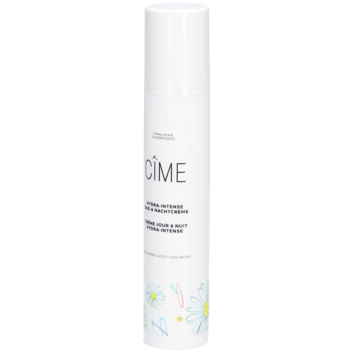 Flacon blanc Cîme. Texte: Hydra-Intense Crème Jour & Nuit. Décor floral.