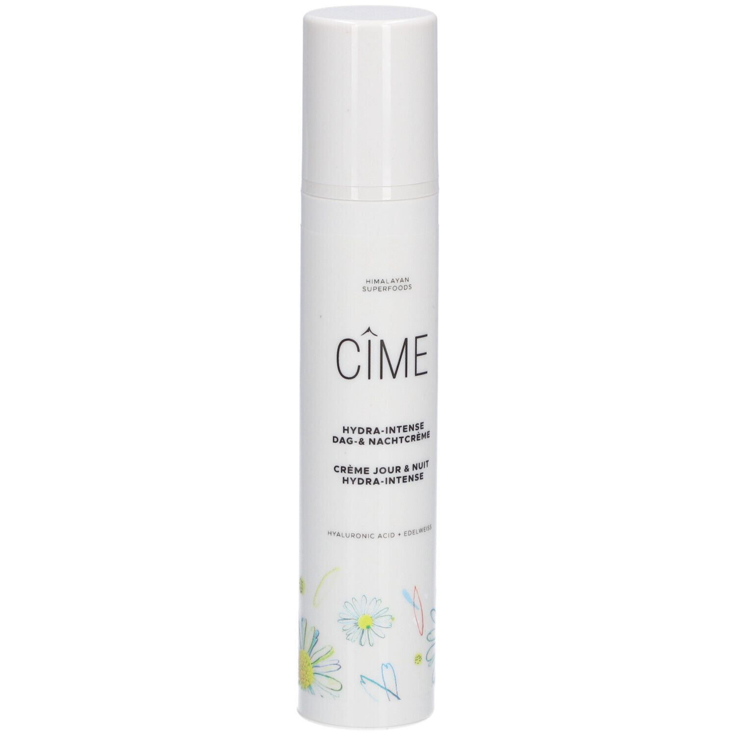 Flacon blanc Cîme. Texte: Hydra-Intense Crème Jour & Nuit. Décor floral.