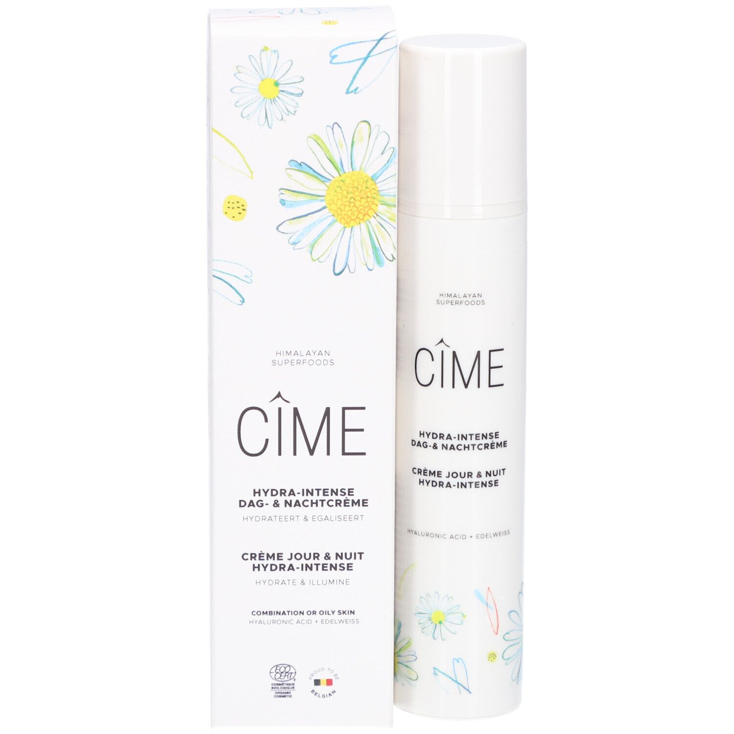 Produit Cîme et emballage. Flacon et boîte blancs. Texte: Hydra-Intense Crème Jour & Nuit.