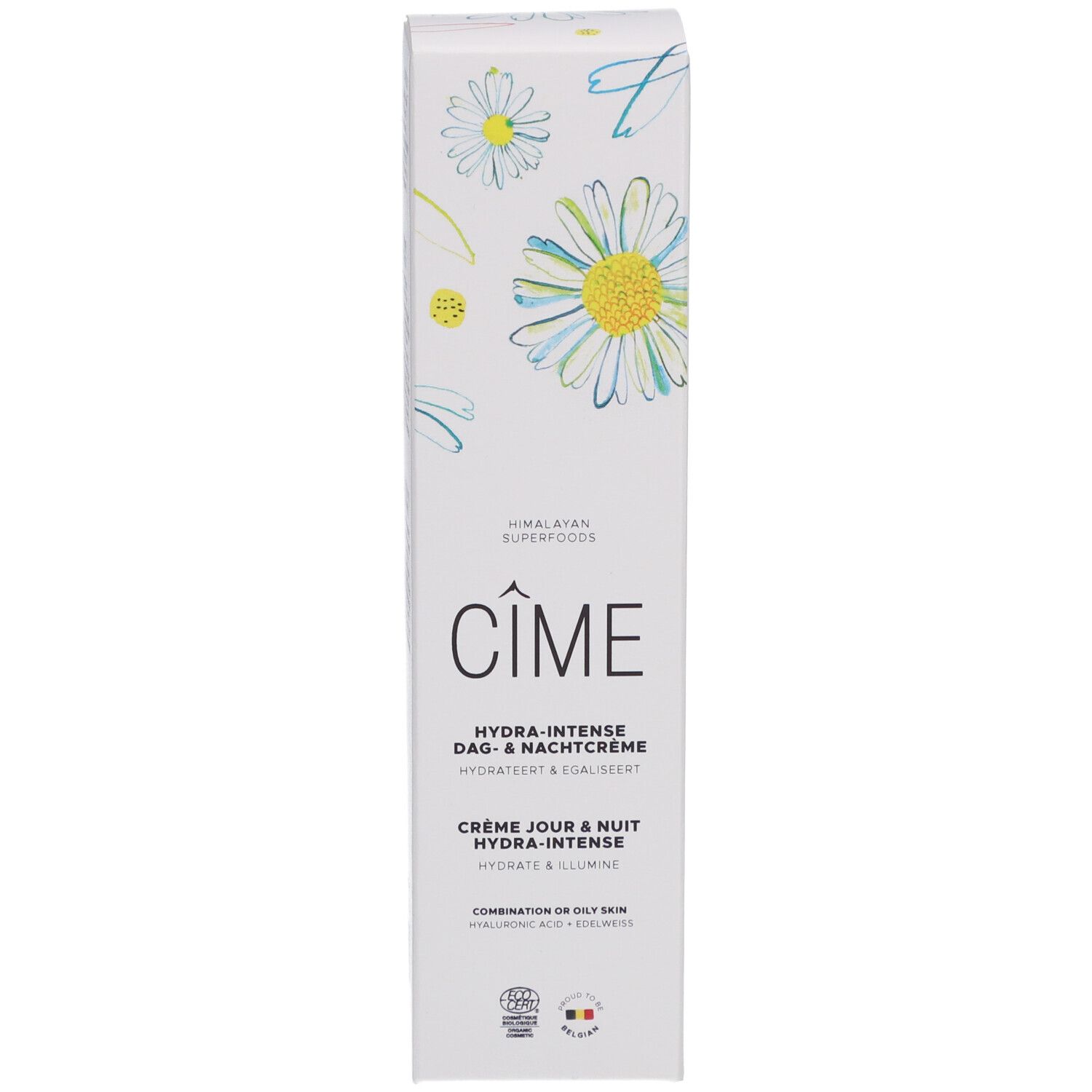 Produit Cîme et emballage. Boîte blanche. Texte: Hydra-Intense Crème Jour & Nuit.