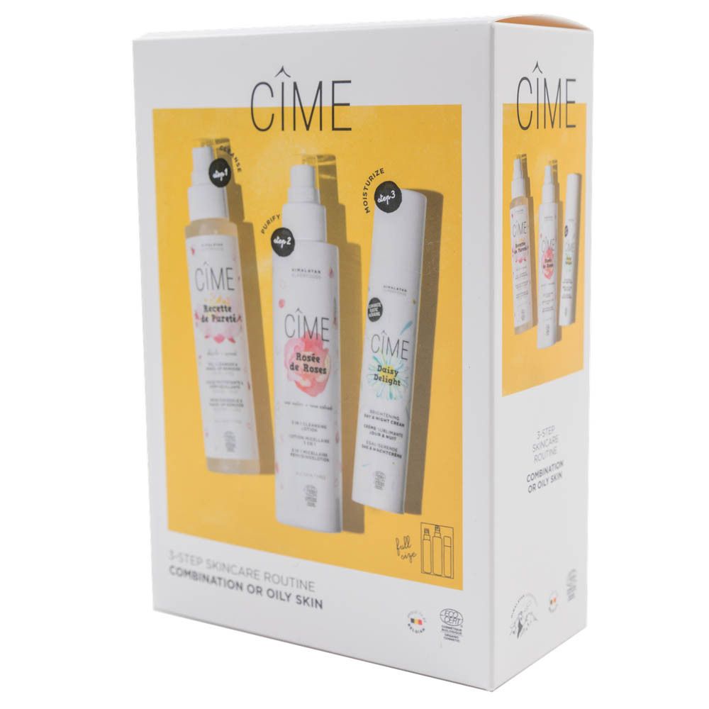 Geschenkverpakking met 3 huidverzorgingsproducten. Opschrift: CIME, 3-Step Skincare Routine, Save €5.
