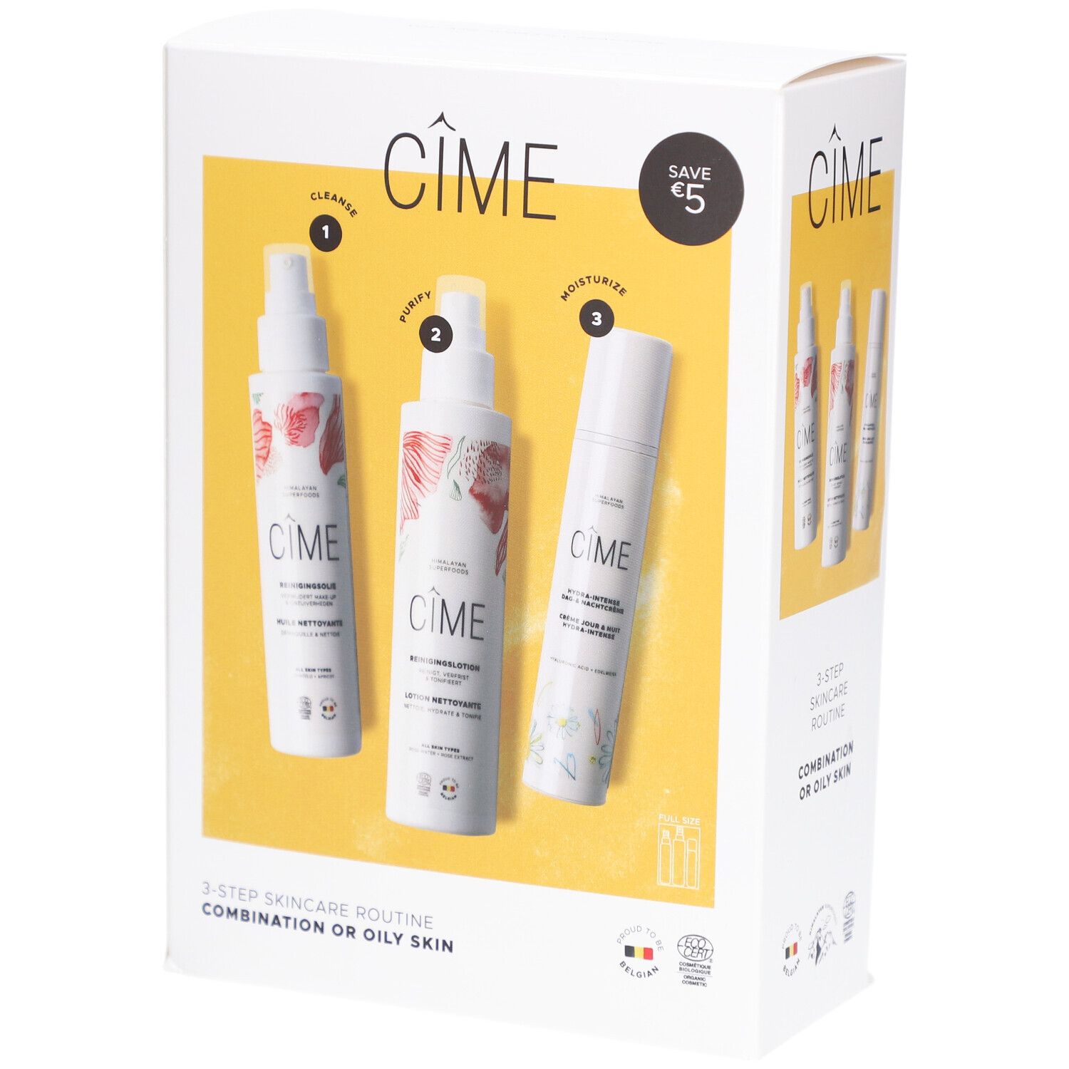 Geschenkverpakking met 3 huidverzorgingsproducten. Opschrift: CIME, 3-Step Skincare Routine, Save €5.