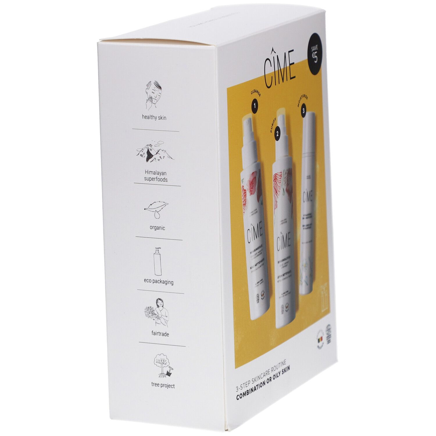 Witte doos met CIME-logo en iconen. Opschrift: 3-Step Skincare Routine, voor de gemengde of vette huid.