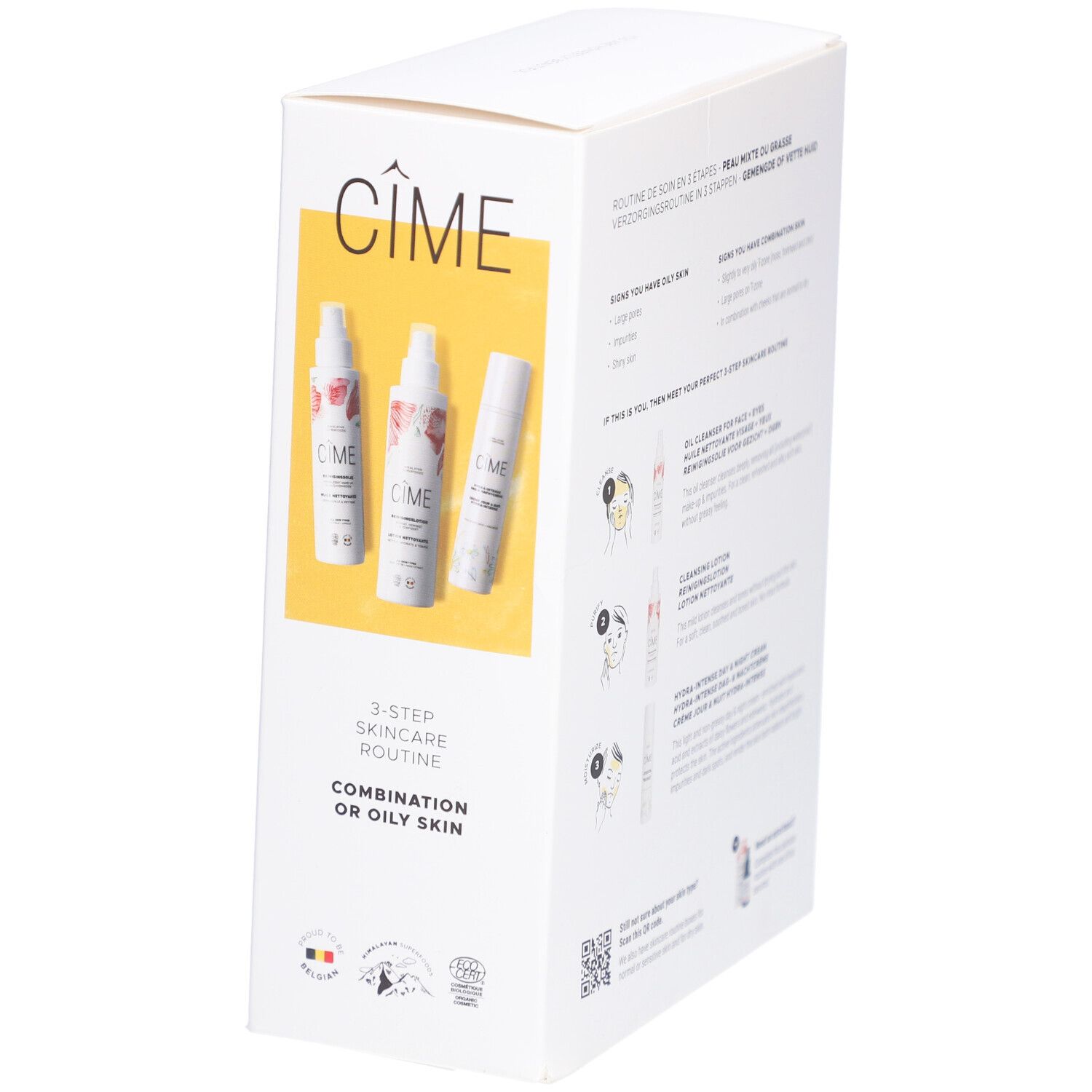 CIME-doos, zijaanzicht. Opschrift: 3-Step Skincare Routine, voor de gemengde of vette huid.