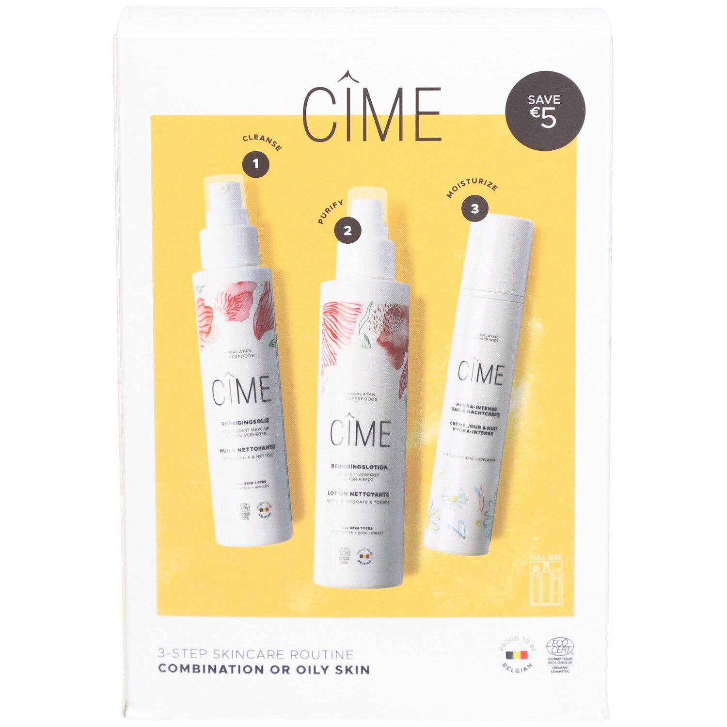 Geschenkverpakking met 3 huidverzorgingsproducten. Opschrift: CIME, 3-Step Skincare Routine, Save €5.